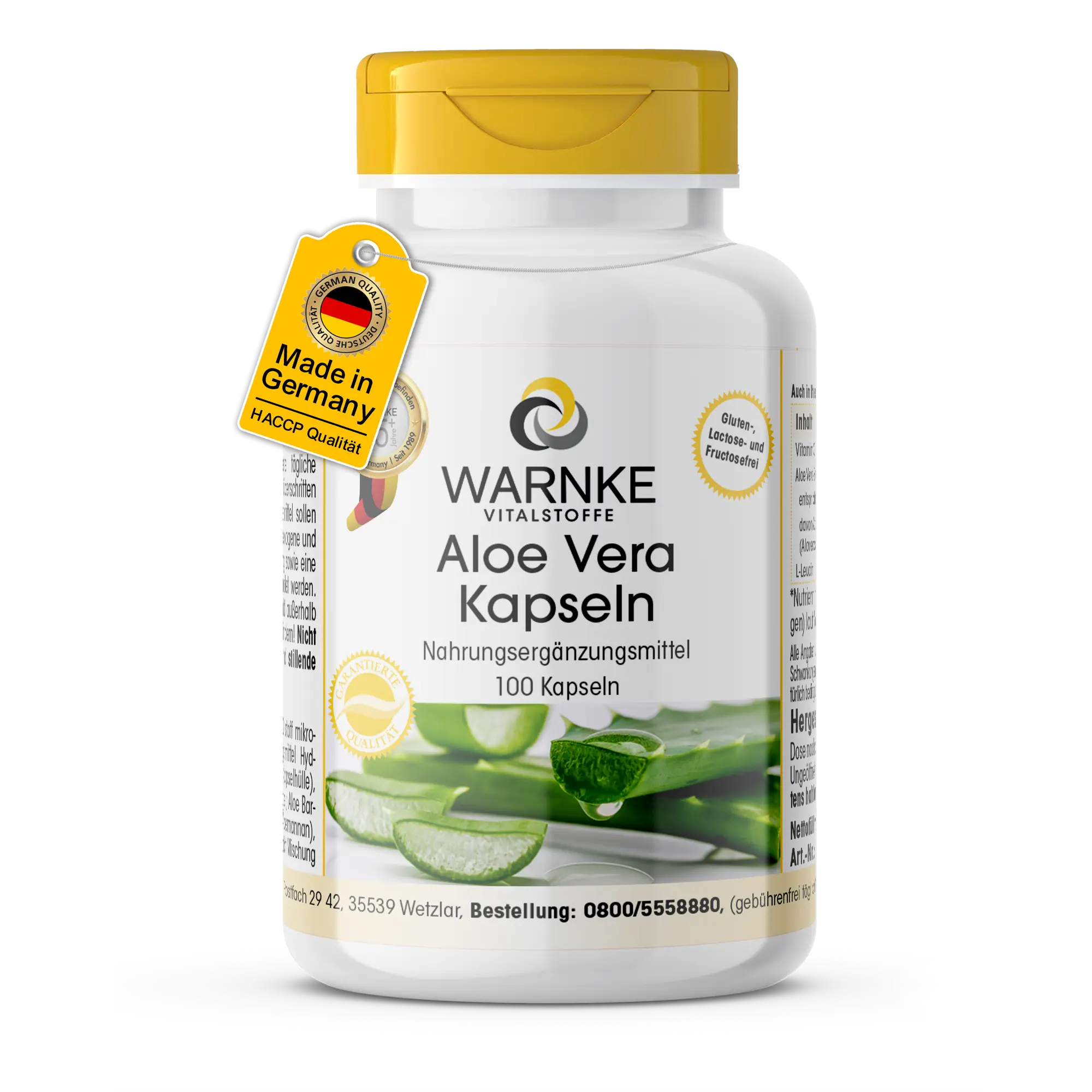 Aloe Vera - 100 Kapseln - Schluckfreundlich - Aloe Vera Extrakt 200:1 - Mit Vitamin C fürs Immunsystem, Kollagenbildung uvm. | Warnke Vitalstoffe