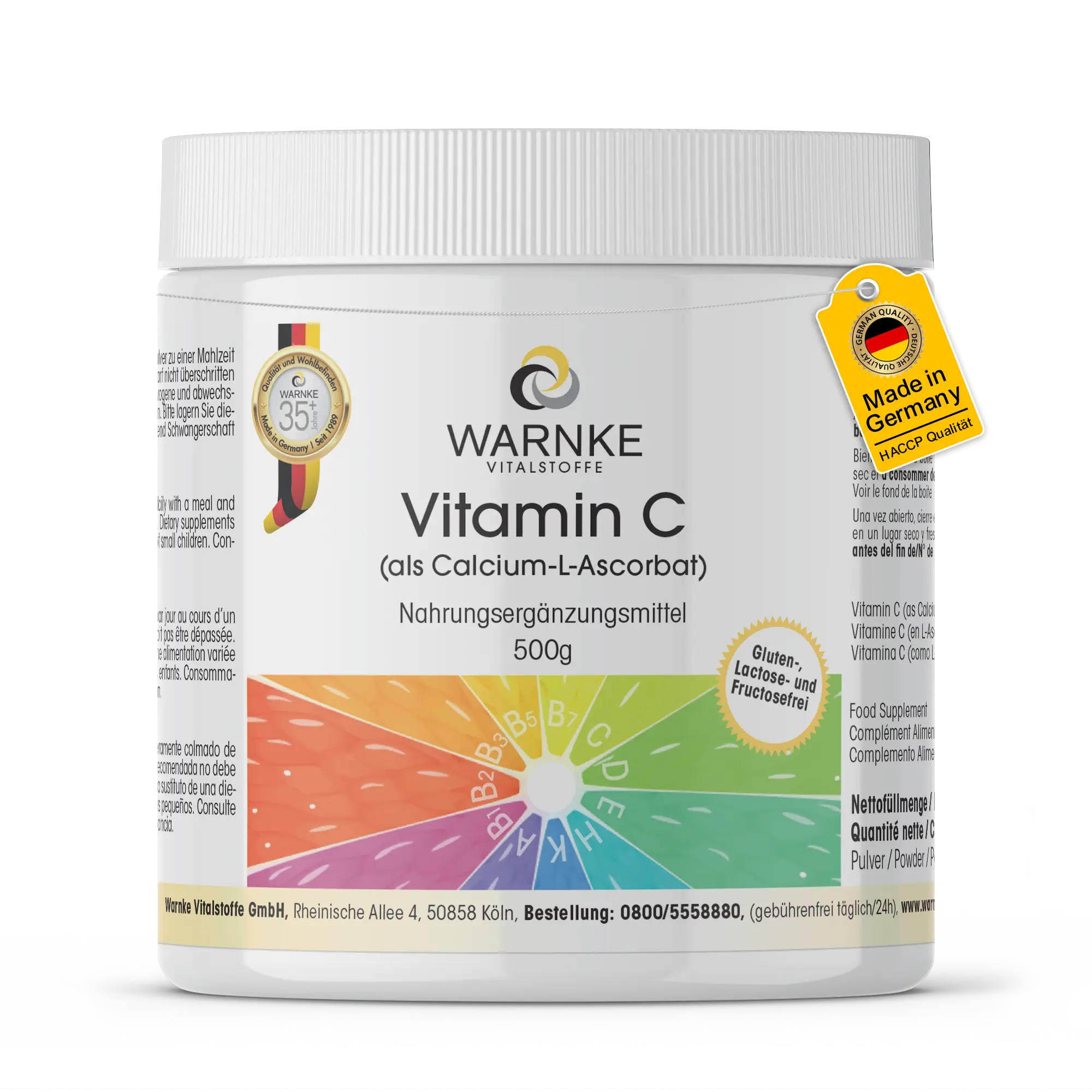 Vitamin C Ascorbat - 500g Pulver - für Immunsystem, Kollagenbildung uvm. - Vegan | Warnke Vitalstoffe