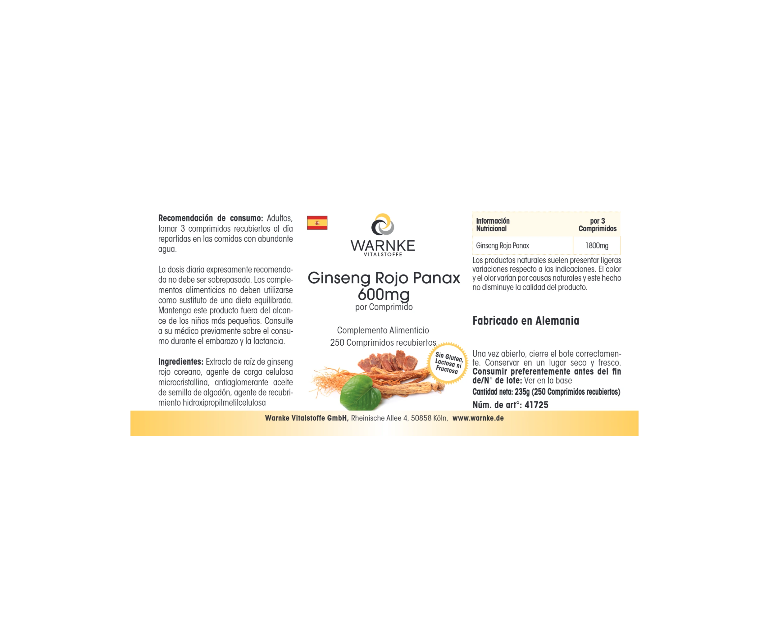 Roter Panax Ginseng 600mg - 250 Filmtabletten - vegan | Warnke Vitalstoffe