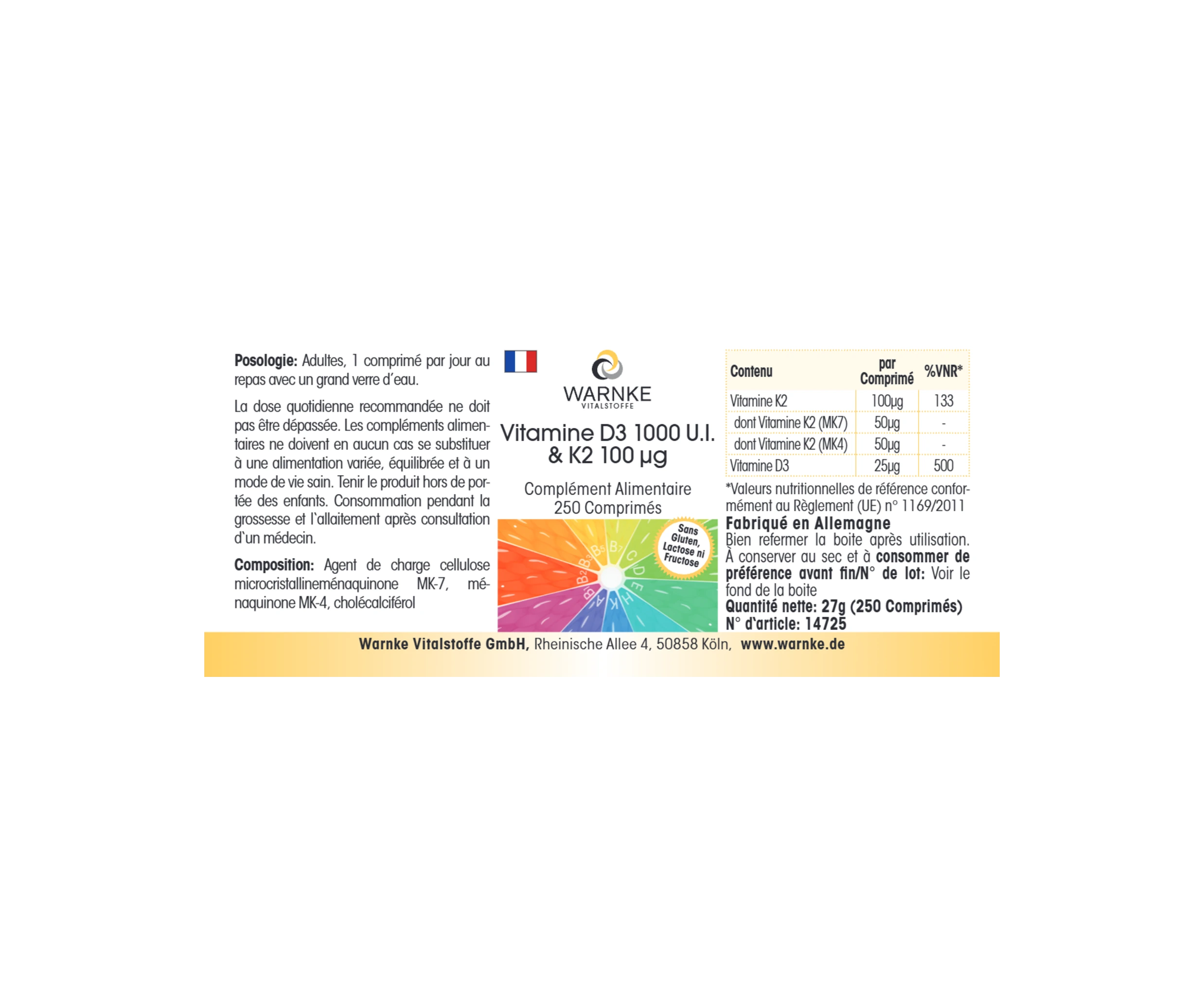 Vitamin D3 1.000 I.E. & K2 100μg - 250 Tabletten - für Knochen & Immunsystem - hochdosiert | Warnke Vitalstoffe