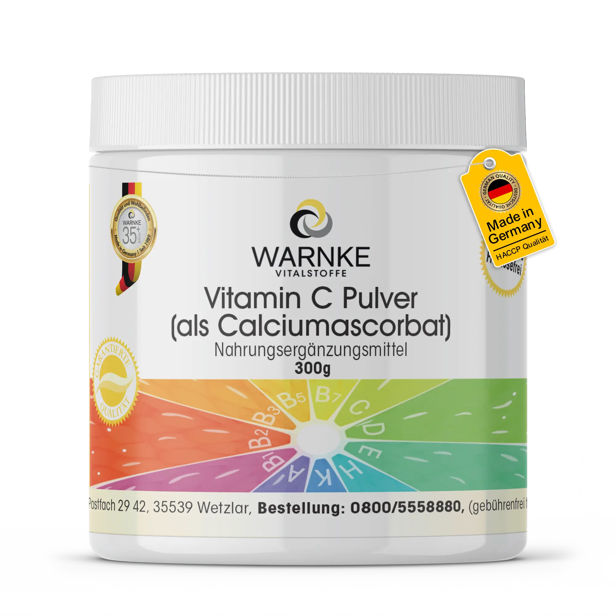 Vitamin C Pulver (als Calciumascorbat) - 300g Pulver - für Immunsystem, Kollagenbildung uvm. - Vegan | Warnke Vitalstoffe