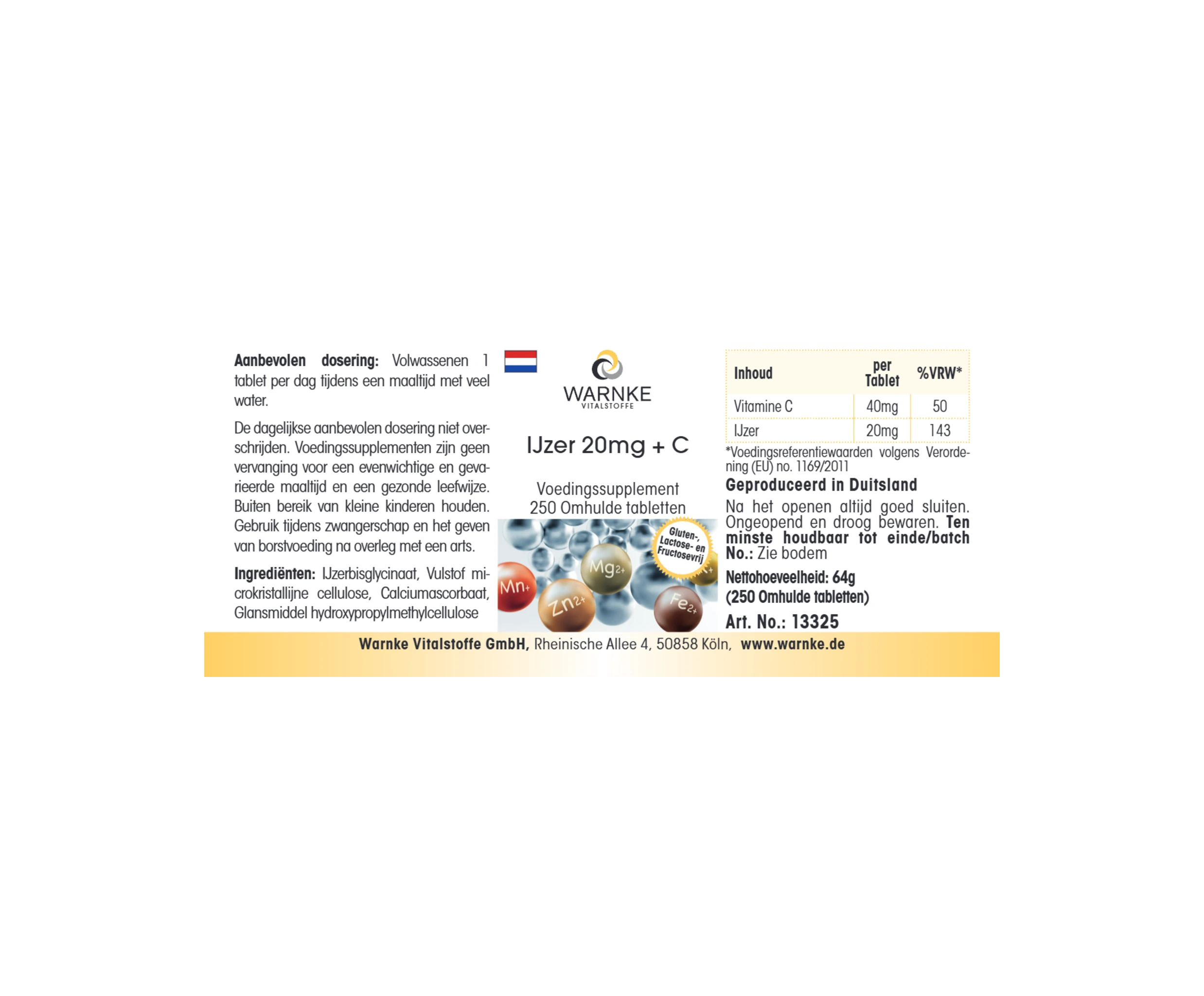 Iron 20mg + C - 250 Film-Coated Tablets - Easy to Swallow - Vegan | Warnke Vitalstoffe