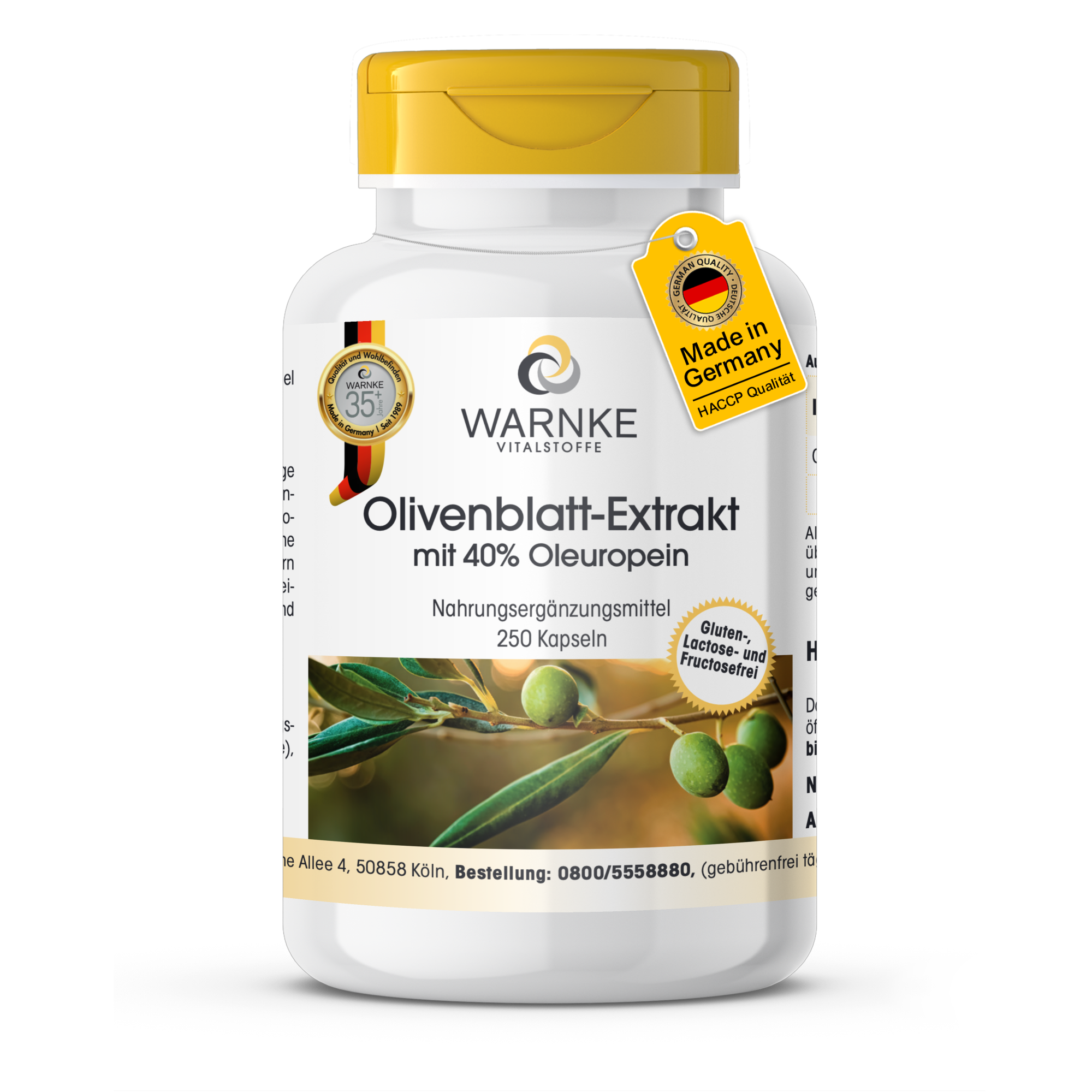 Olijfbladextract met 40% oleuropeïne - 250 capsules - Veganistisch | Warnke Vitalstoffe