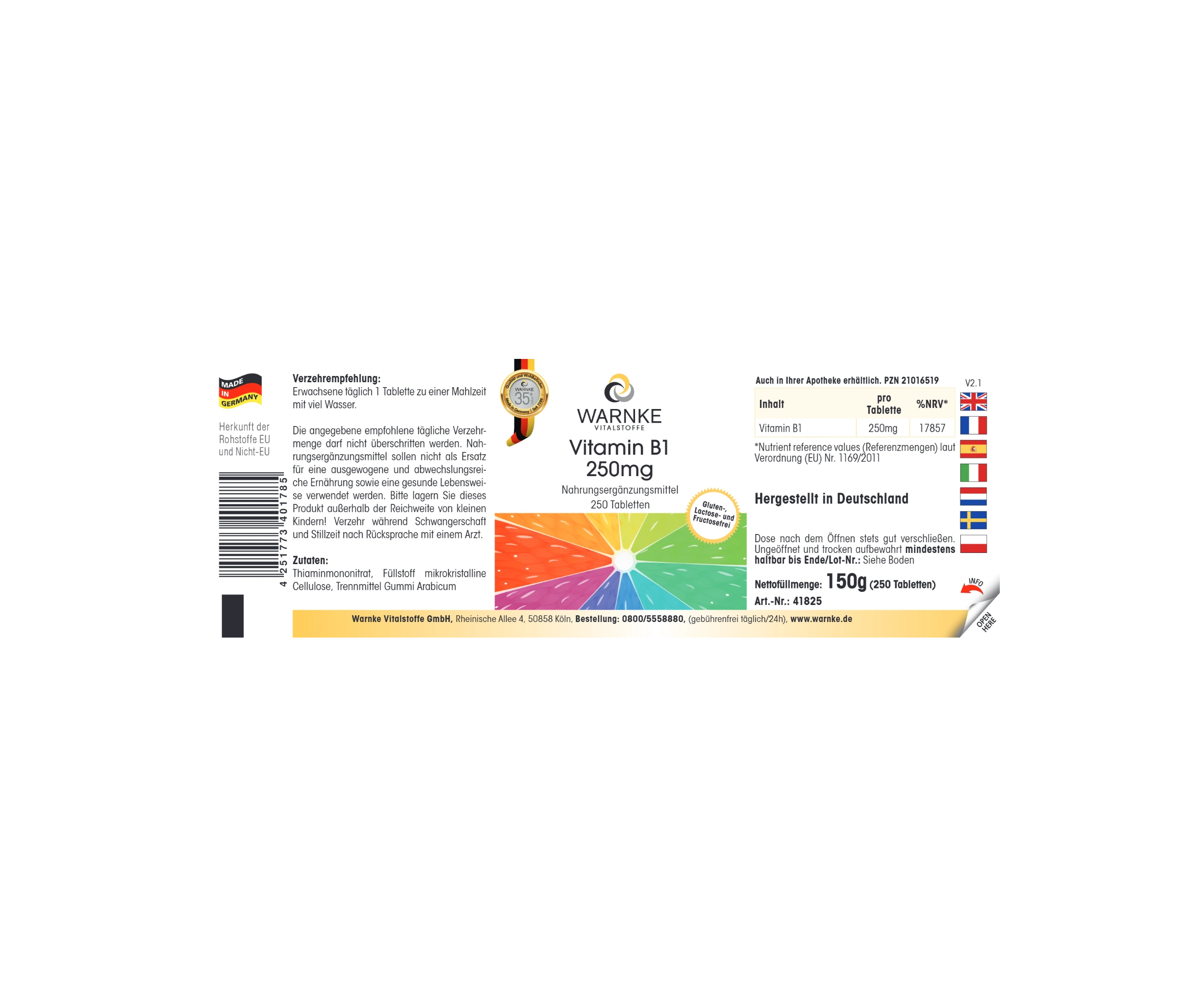 Vitamin B1 250mg - 250 Tablets - for Energy, Heart and More - High-Strength & Vegan | Warnke Vitalstoffe