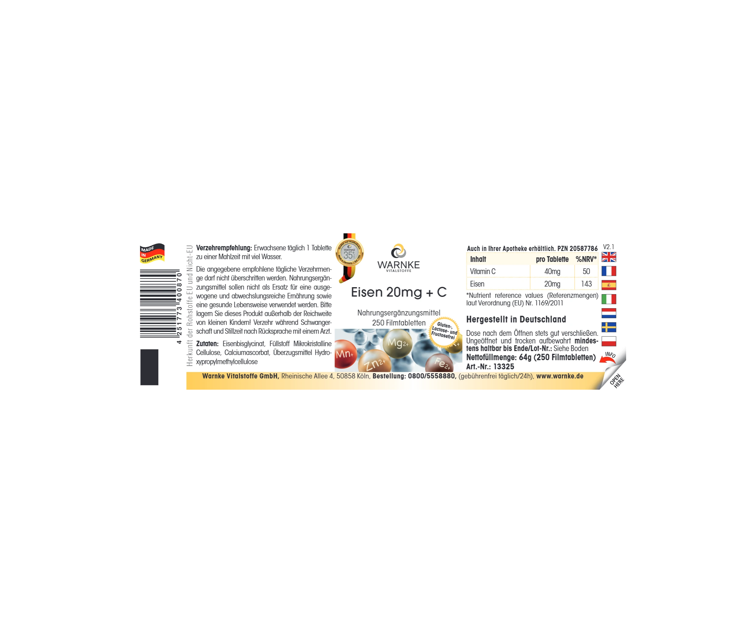 Iron 20mg + C - 250 Film-Coated Tablets - Easy to Swallow - Vegan | Warnke Vitalstoffe