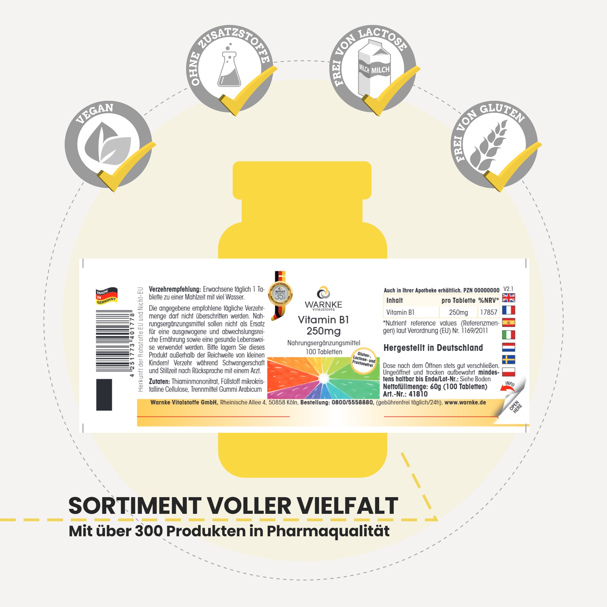 Vitamina B1 250mg - 100 compresse - per energia, cuore e molto altro - ad alto dosaggio & vegano | Warnke Vitalstoffe
