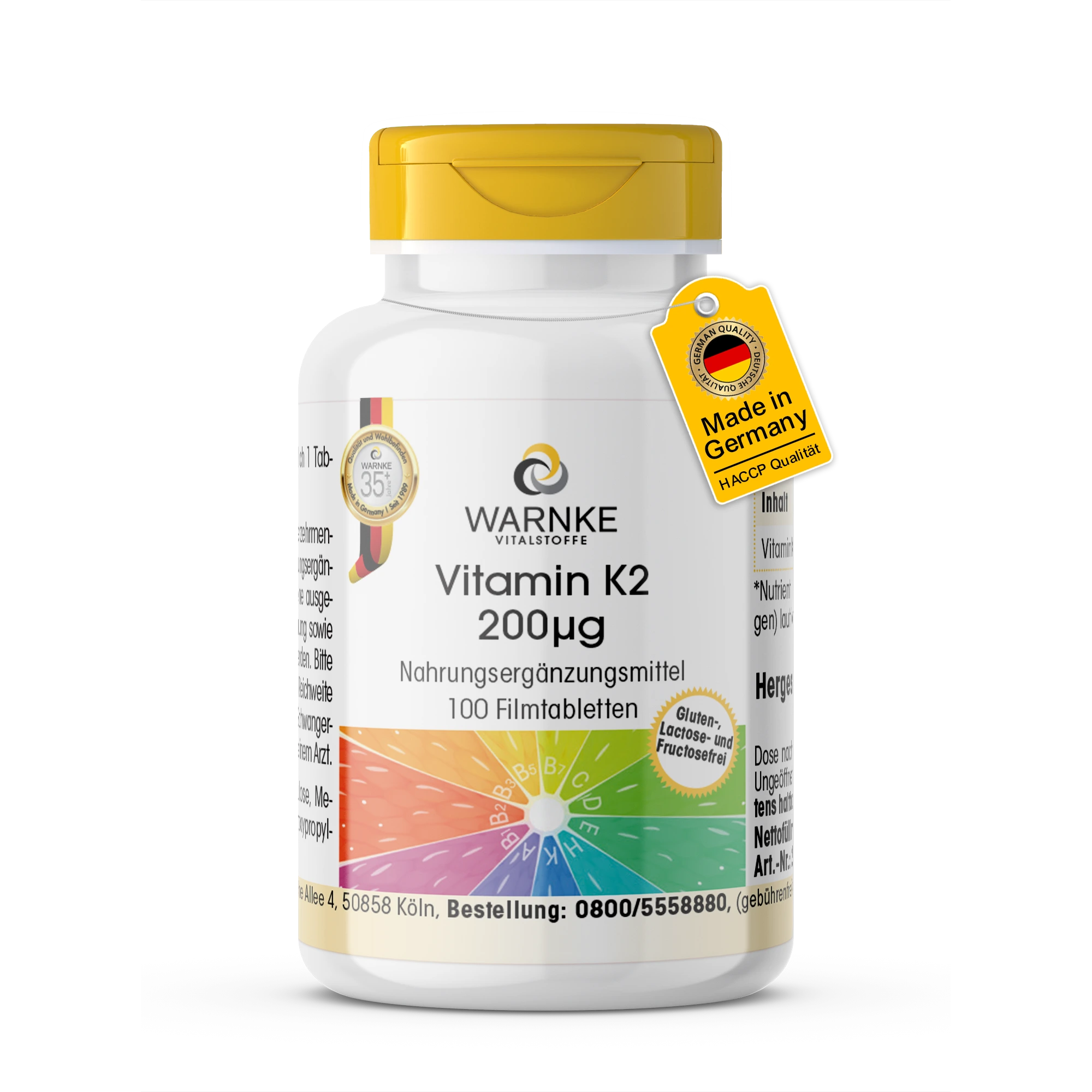 Vitamine K2 200 µg - 100 filmomhulde tabletten - gemakkelijk in te nemen - voor botten & bloedstolling | Warnke Vitalstoffe