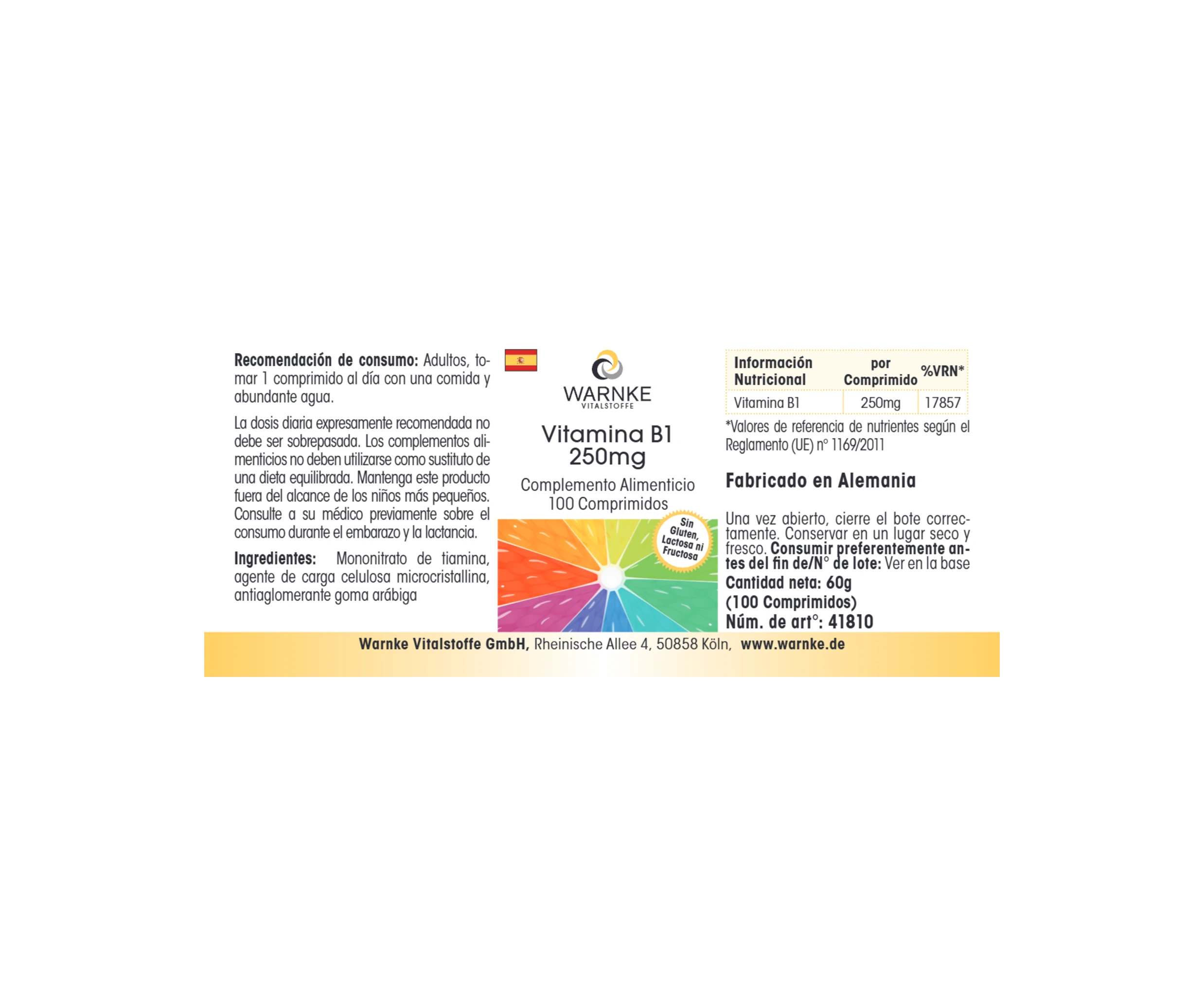 Vitamina B1 250mg - 100 compresse - per energia, cuore e molto altro - ad alto dosaggio & vegano | Warnke Vitalstoffe