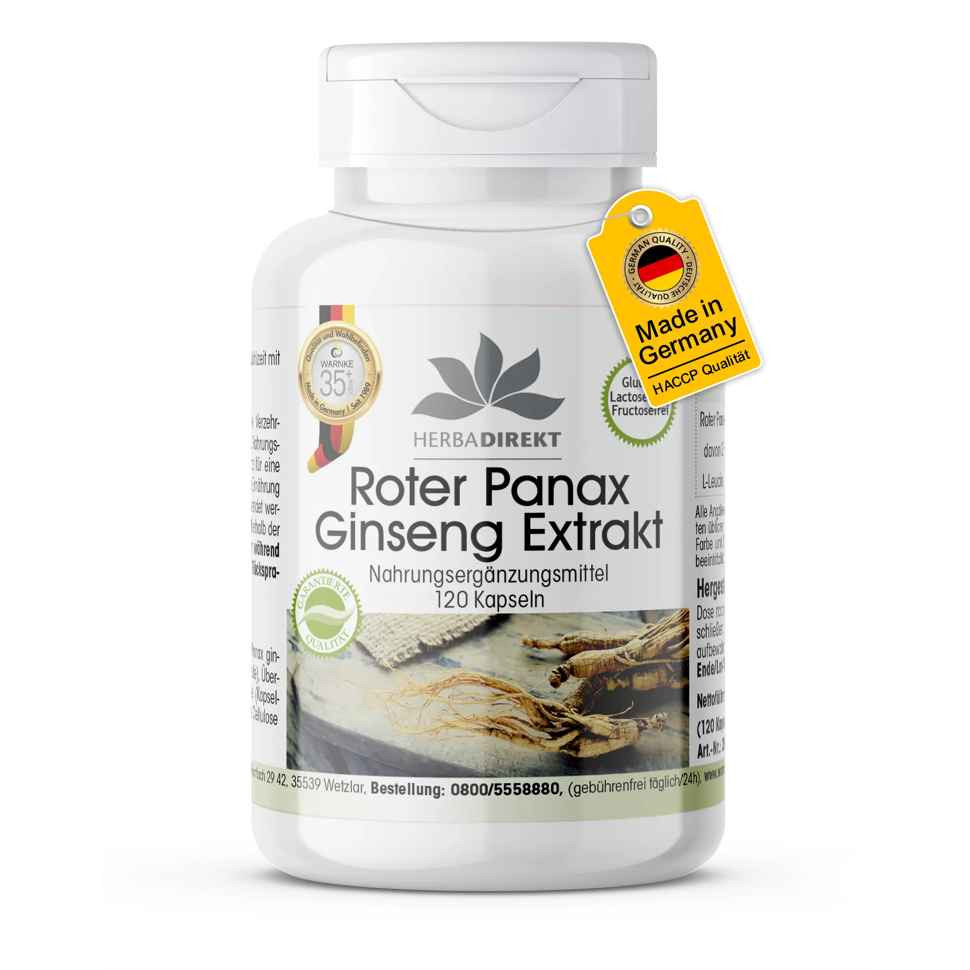 Roter Panax Ginseng Extrakt 400mg - 120 Kapseln - Schluckfreundlich - Mit 20% Ginsenosiden - Vegan | Warnke Vitalstoffe