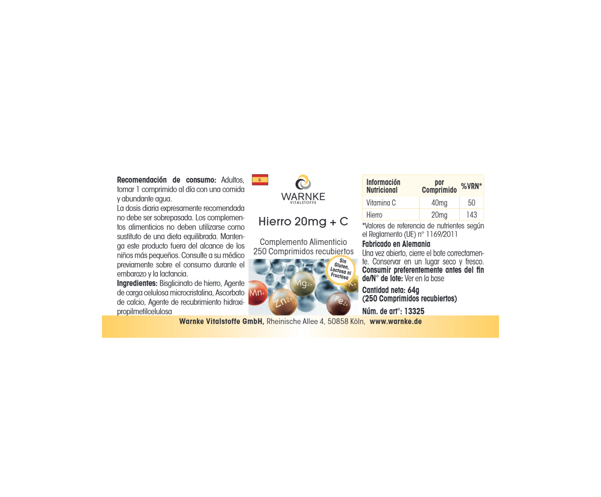 Iron 20mg + C - 250 Film-Coated Tablets - Easy to Swallow - Vegan | Warnke Vitalstoffe
