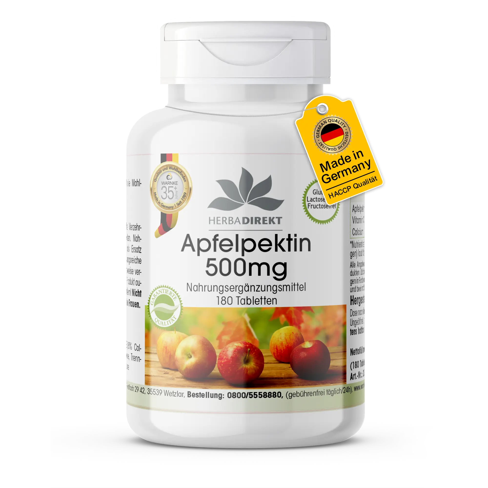 Apfelpektin 500mg - 180 Tabletten - mit Vitamin C und Calcium - für Verdauung, Zellteilung uvm. | Warnke Vitalstoffe