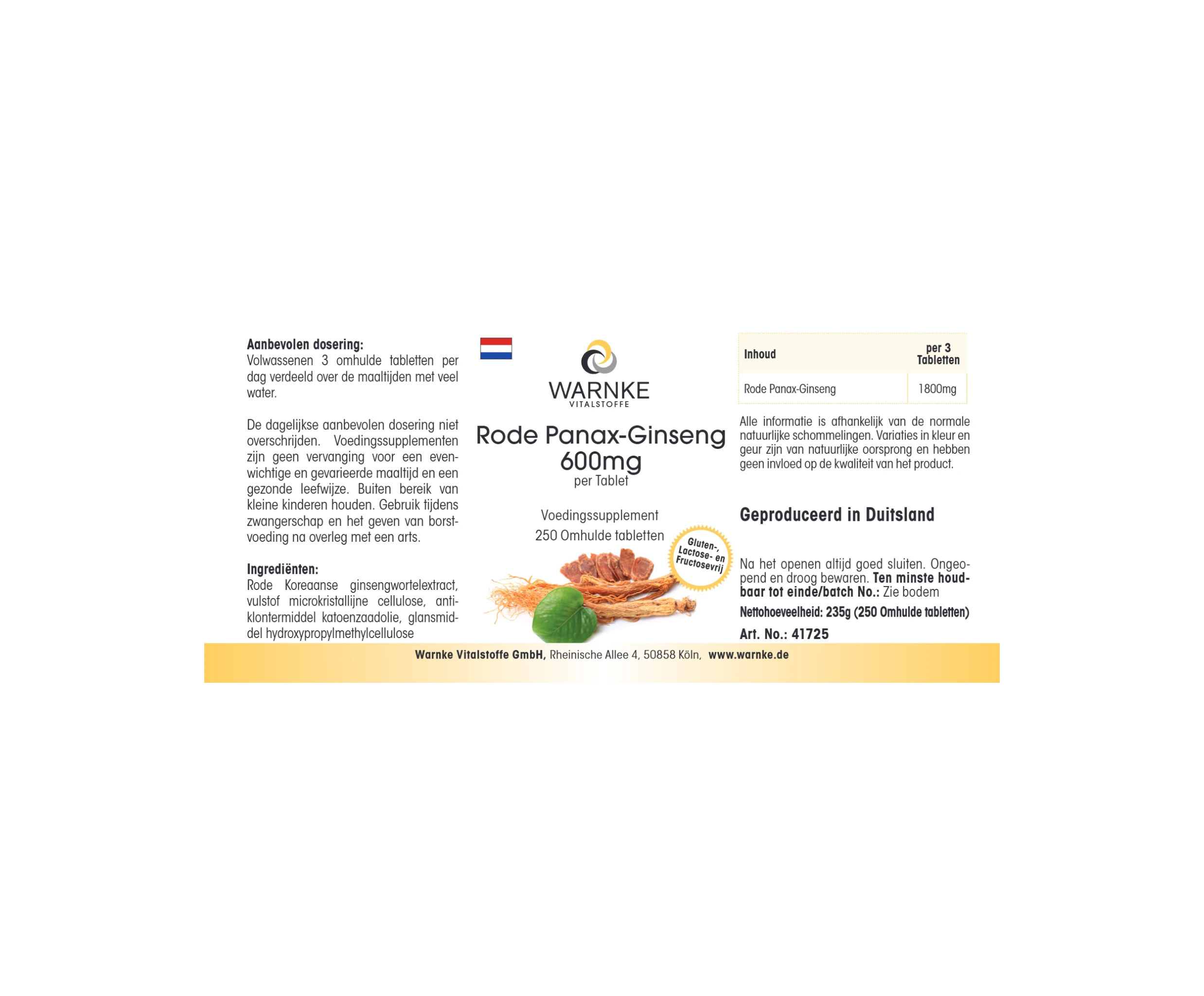 Roter Panax Ginseng 600mg - 250 Filmtabletten - vegan | Warnke Vitalstoffe