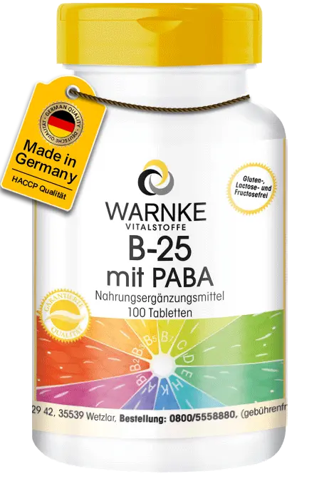 B-25 mit PABA - 100 Tabletten - mit Biotin, Vitamin B12 uvm. - für Energie, Haare, Haut, Immunsystem uvm. | Warnke Vitalstoffe