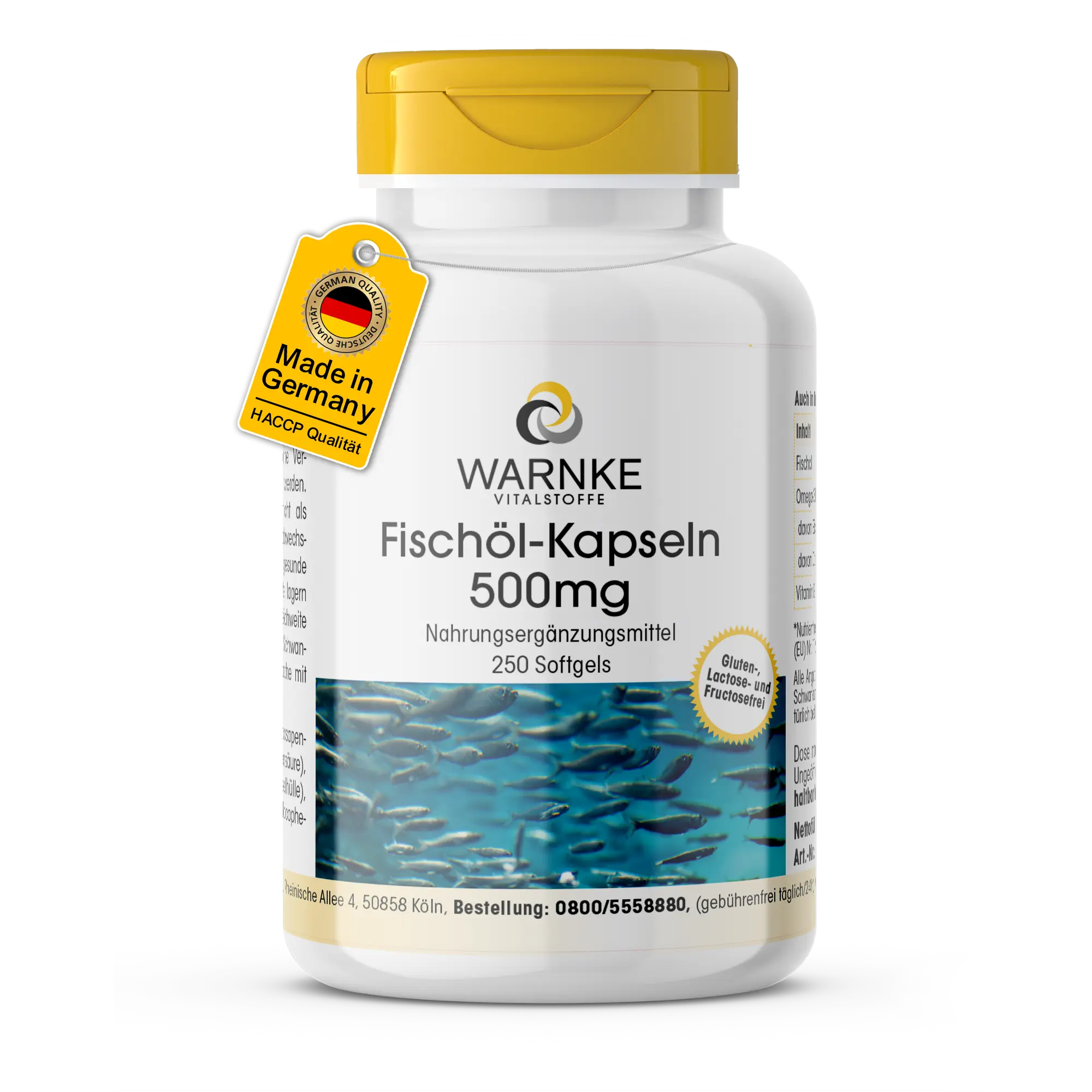 Omega 3 Kapseln aus Fischöl 500mg - 250 Softgels - Schluckfreundlich - Mit DHA,EPA uvm. - Für Blutdruck, Herz uvm. | Warnke Vitalstoffe