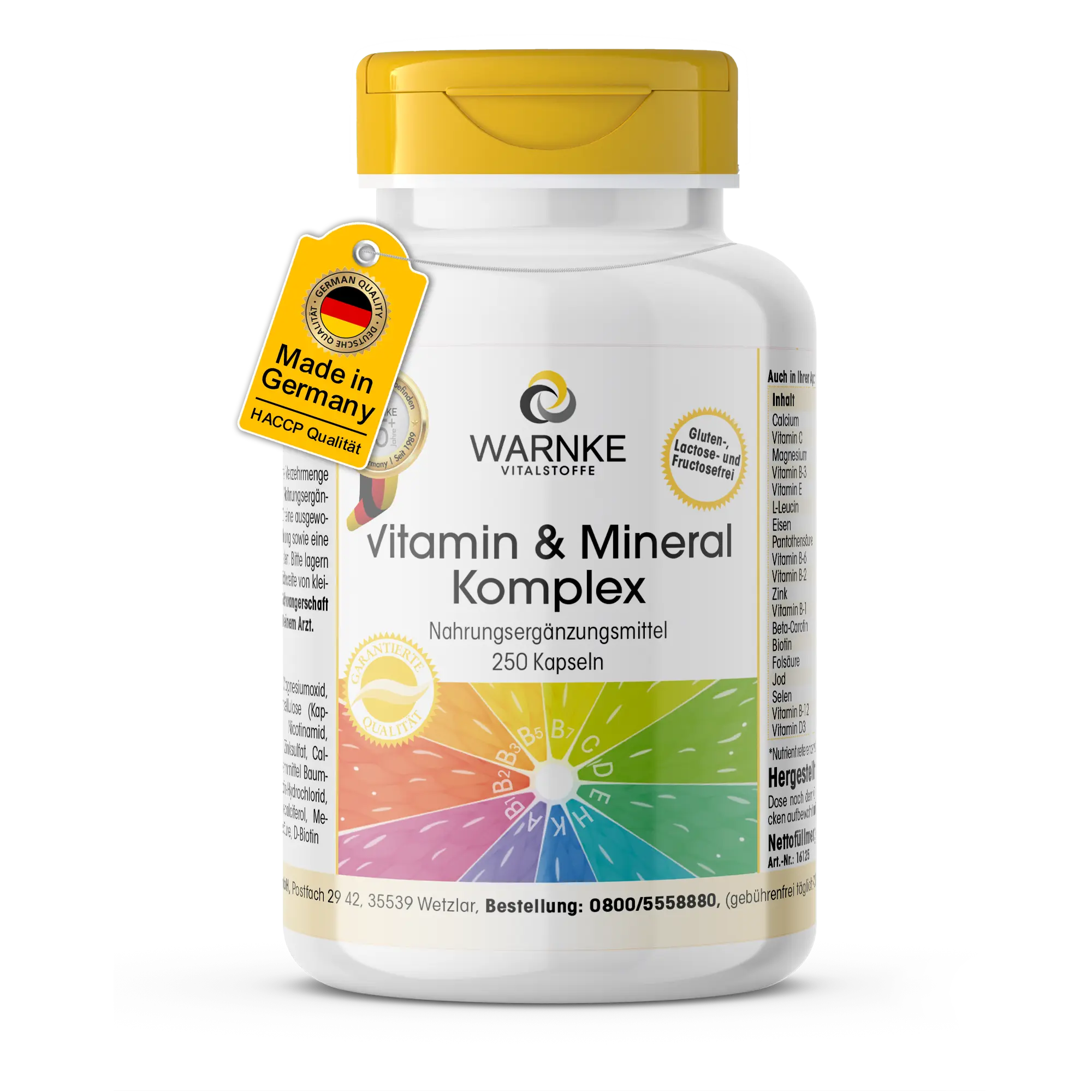 Vitamin & Mineral Komplex - 250 Kapseln - mit Zink, Vitamin B12 uvm. - für Immunsytem, Zellschutz uvm. | Warnke Vitalstoffe