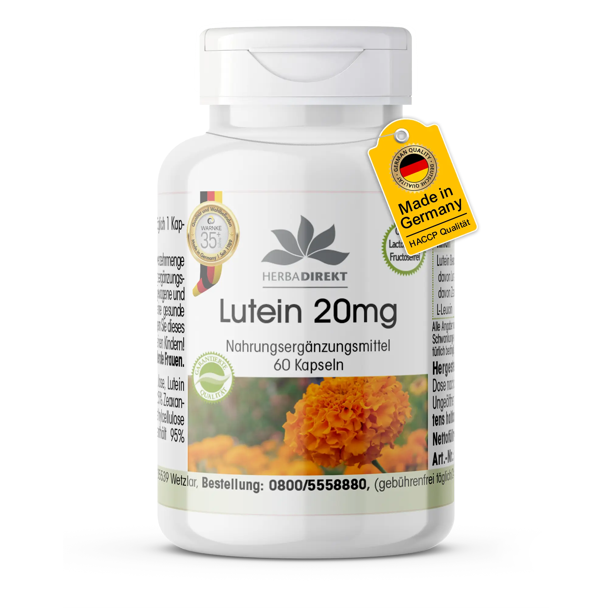 Lutein 20mg mikroverkapselt - 60 Kapseln - Schluckfreundlich - Vegan | Warnke Vitalstoffe
