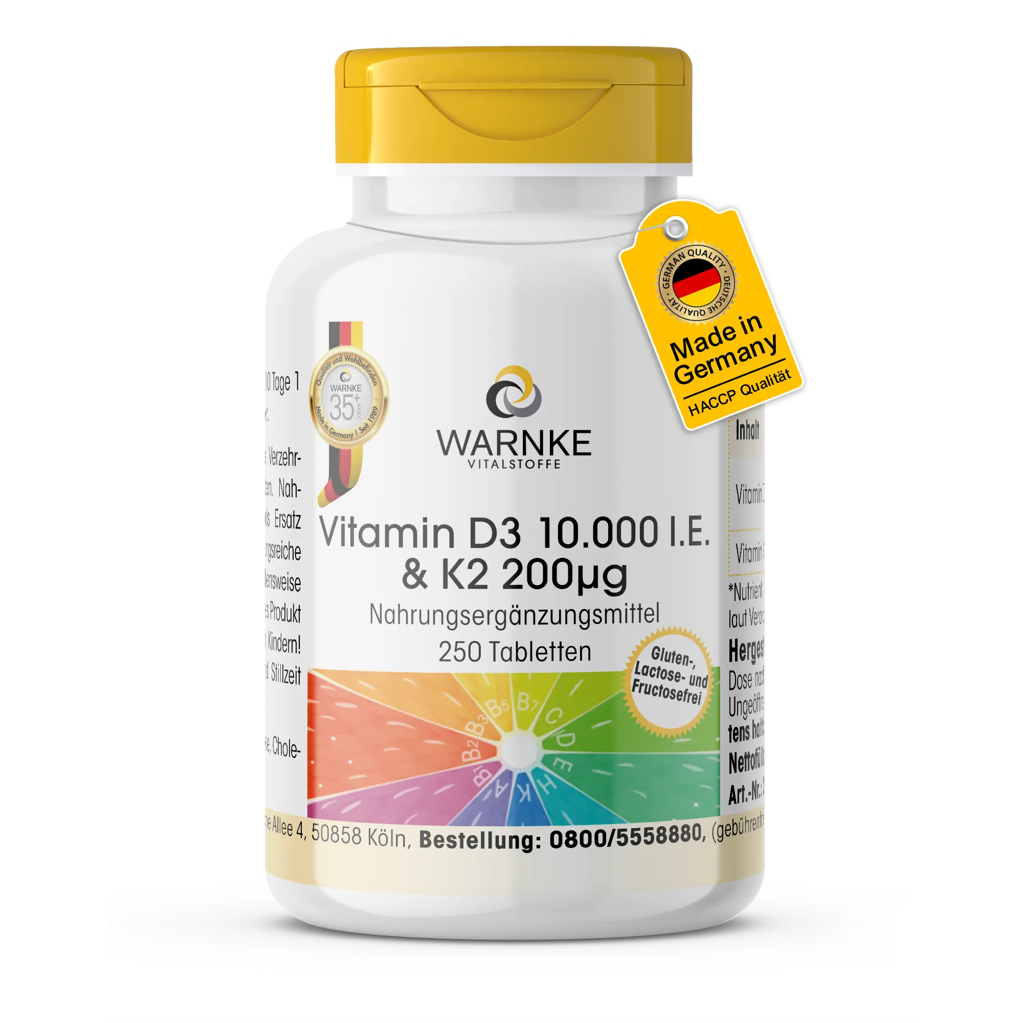 Vitamin D3 10.000 I.E. & K2 200μg - 250 Tabletten - für Knochen, Blutgerinnung, Immunsystem uvm. - hochdosiert | Warnke Vitalstoffe