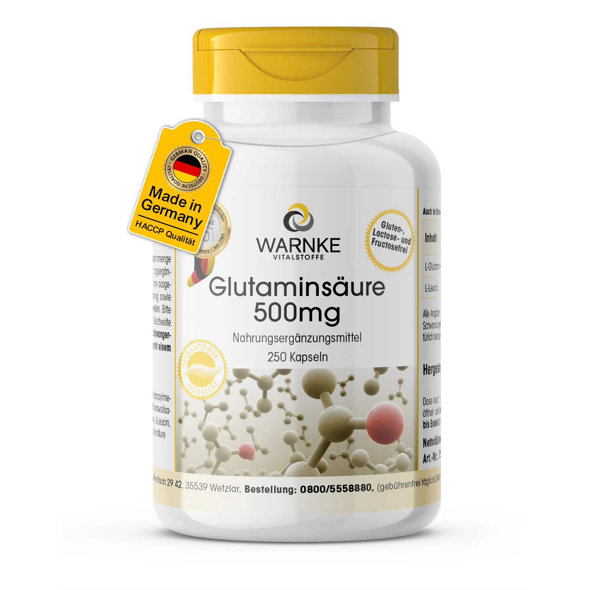 Glutaminsäure 500mg - 250 Kapseln - Schluckfreundlich - Hochdosiert & Vegan | Warnke Vitalstoffe