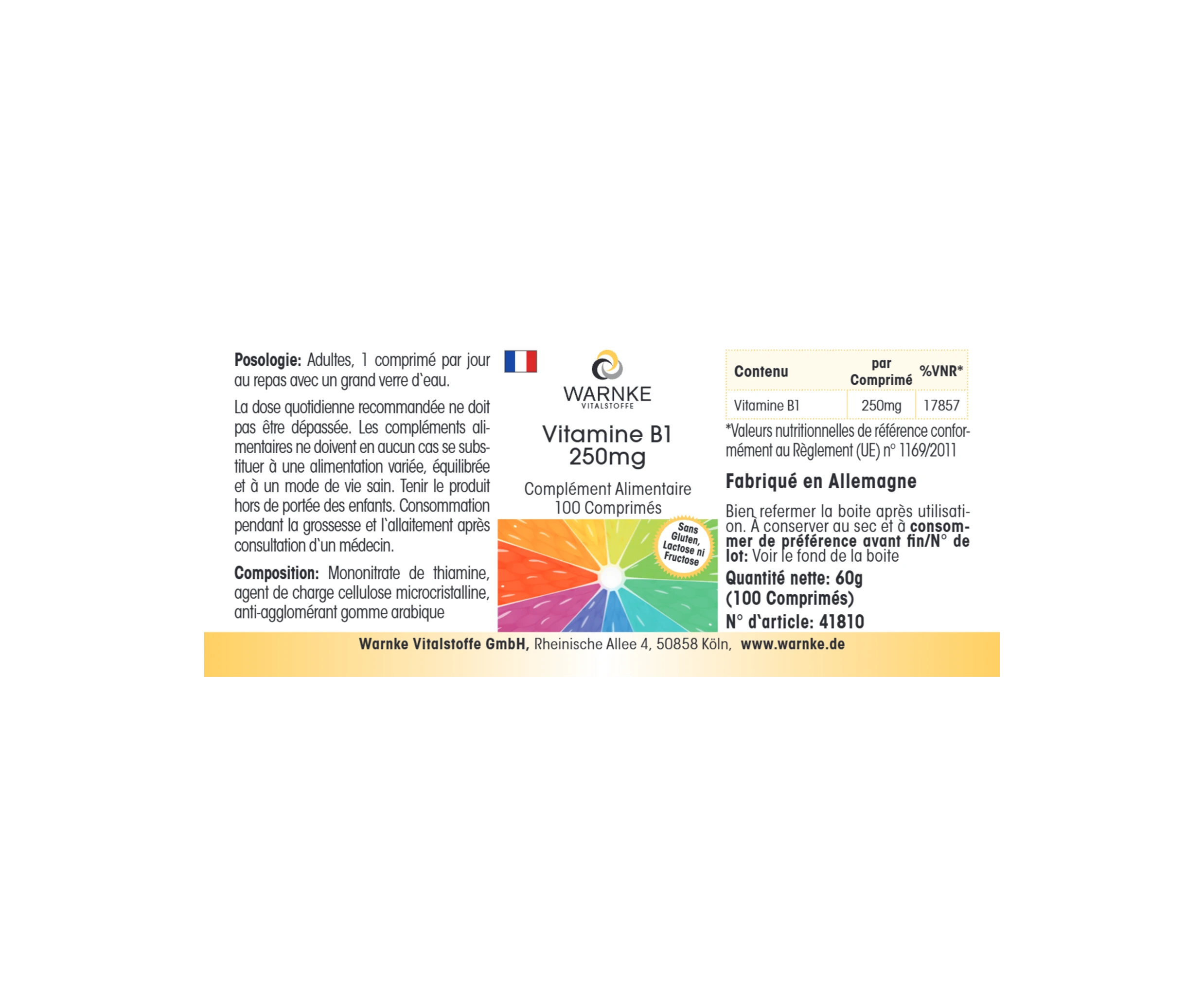 Vitamina B1 250mg - 100 compresse - per energia, cuore e molto altro - ad alto dosaggio & vegano | Warnke Vitalstoffe