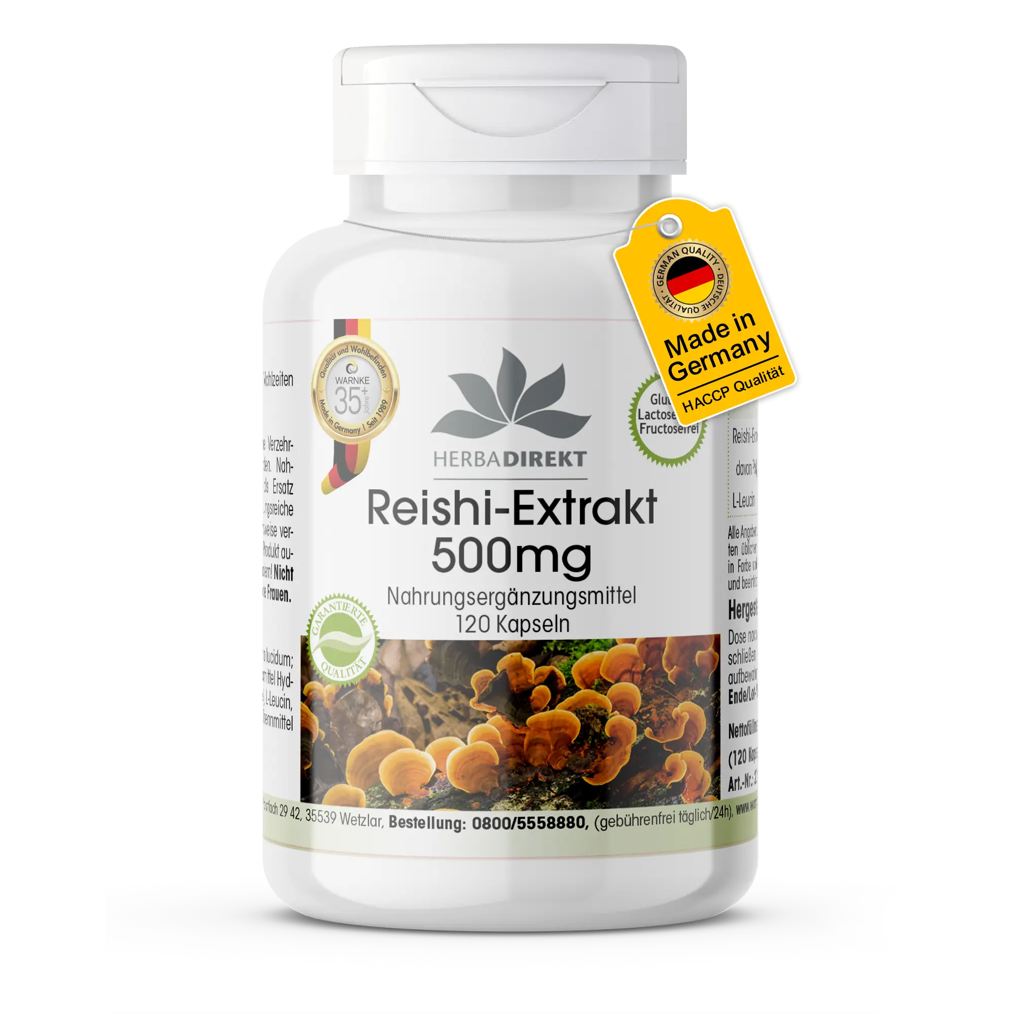 Reishi-Extrakt 500mg - 100 DrCaps - Schluckfreundlich - 30% Polysaccharide - Vegan | Warnke Vitalstoffe