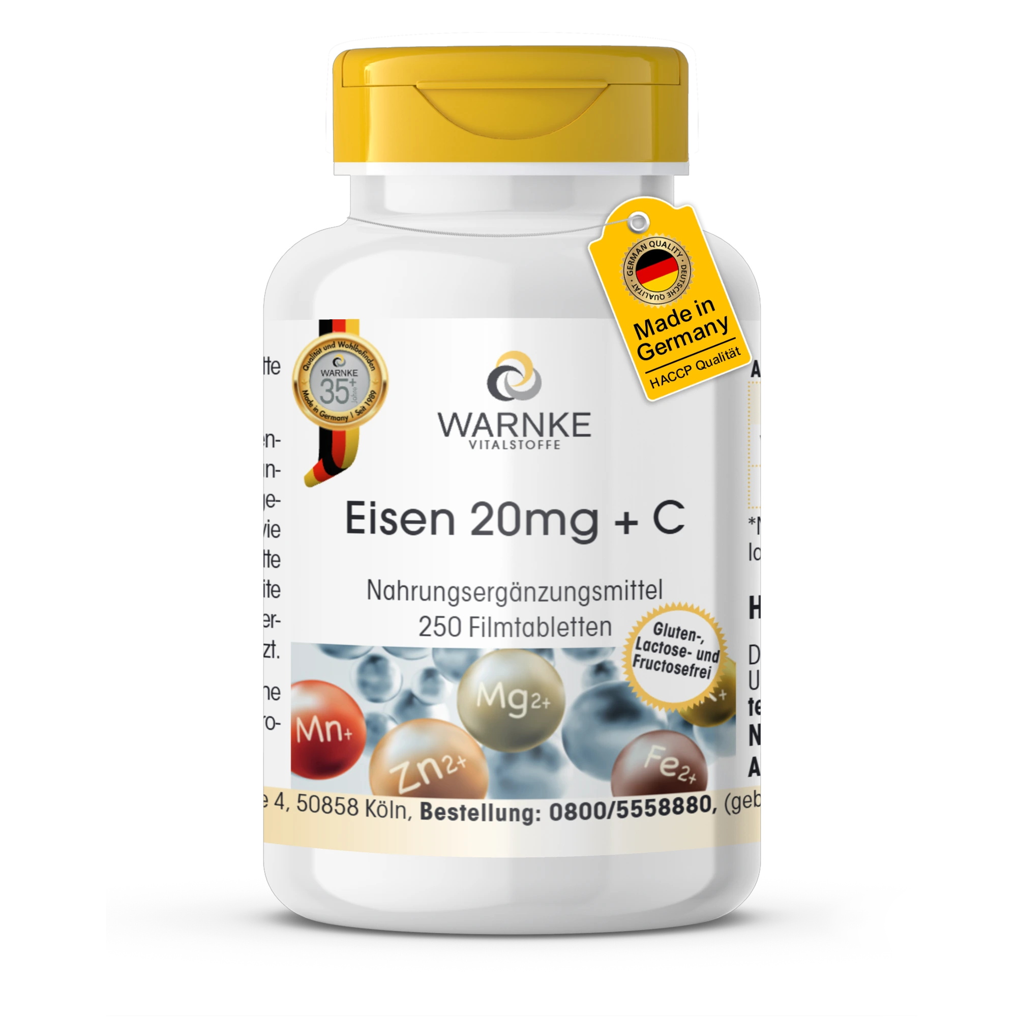 Iron 20mg + C - 250 Film-Coated Tablets - Easy to Swallow - Vegan | Warnke Vitalstoffe