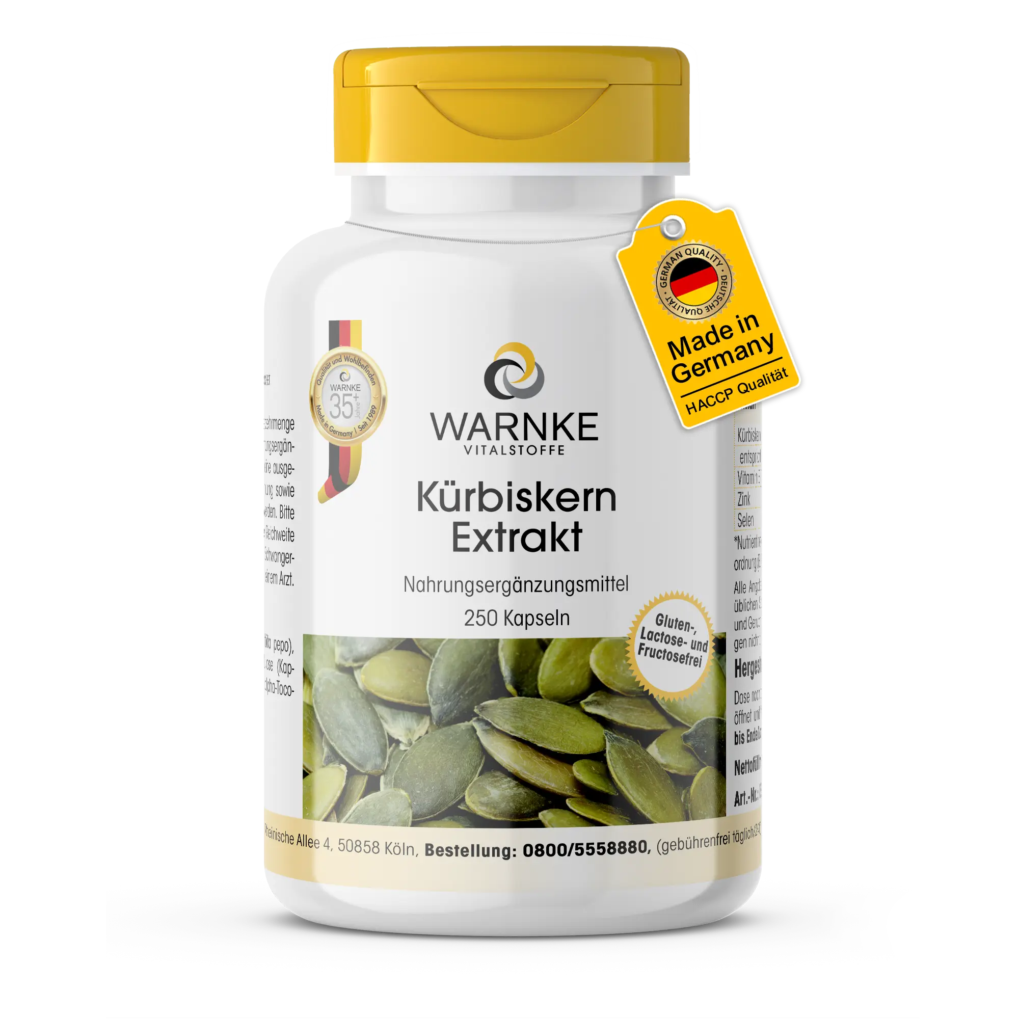 Kürbiskern-Extrakt 500mg - 250 Kapseln - mit Vitamin E, Selen & Zink - für Immunsystem, Haut uvm. | Warnke Vitalstoffe