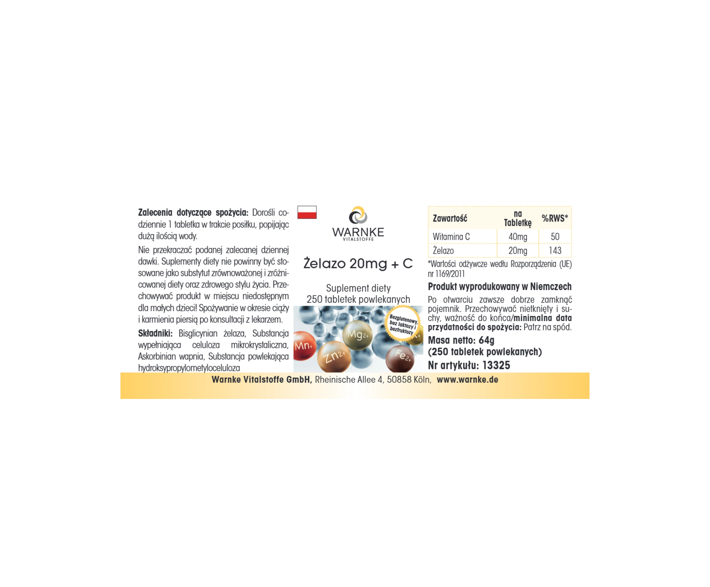 Iron 20mg + C - 250 Film-Coated Tablets - Easy to Swallow - Vegan | Warnke Vitalstoffe