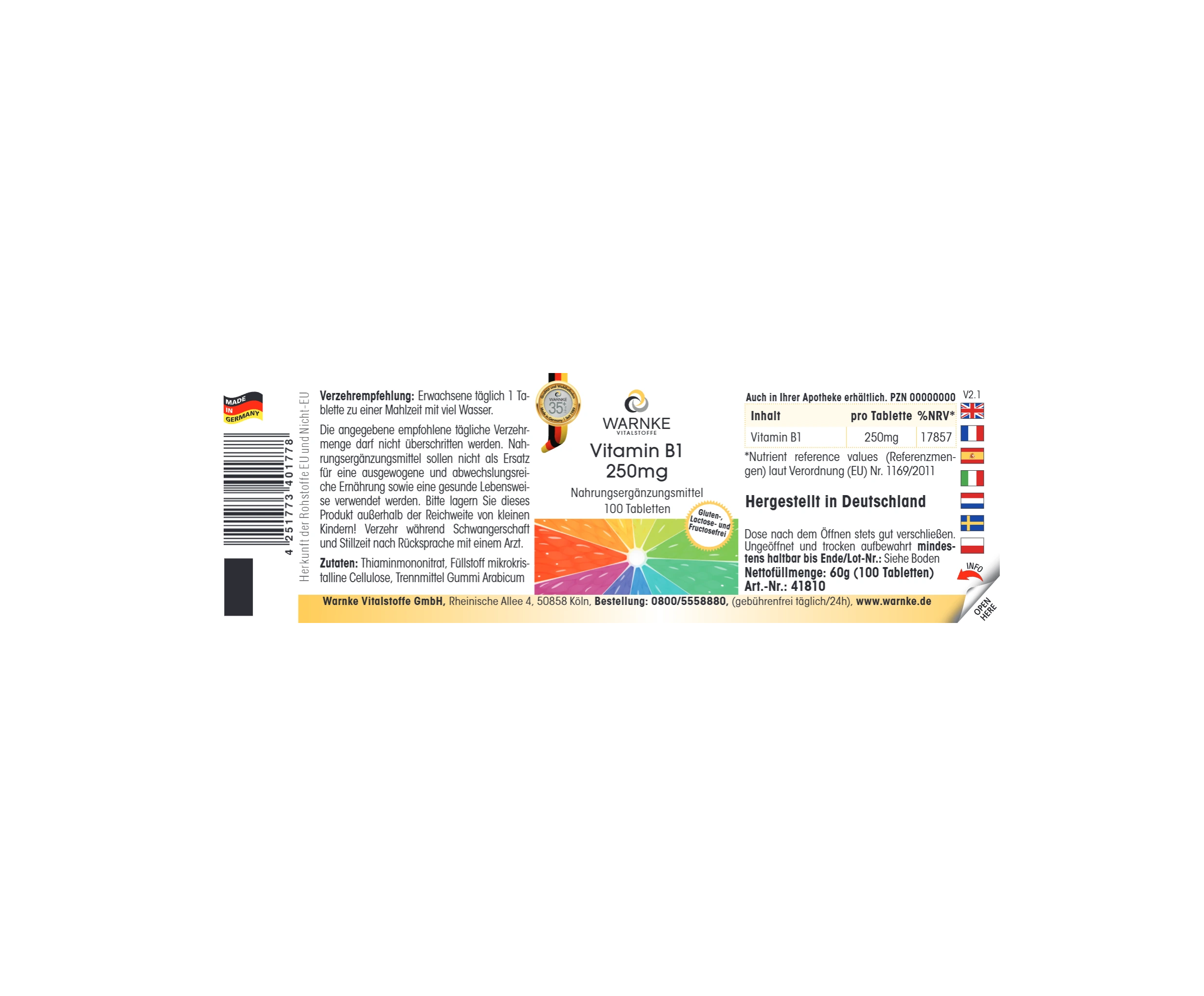 Vitamina B1 250mg - 100 compresse - per energia, cuore e molto altro - ad alto dosaggio & vegano | Warnke Vitalstoffe