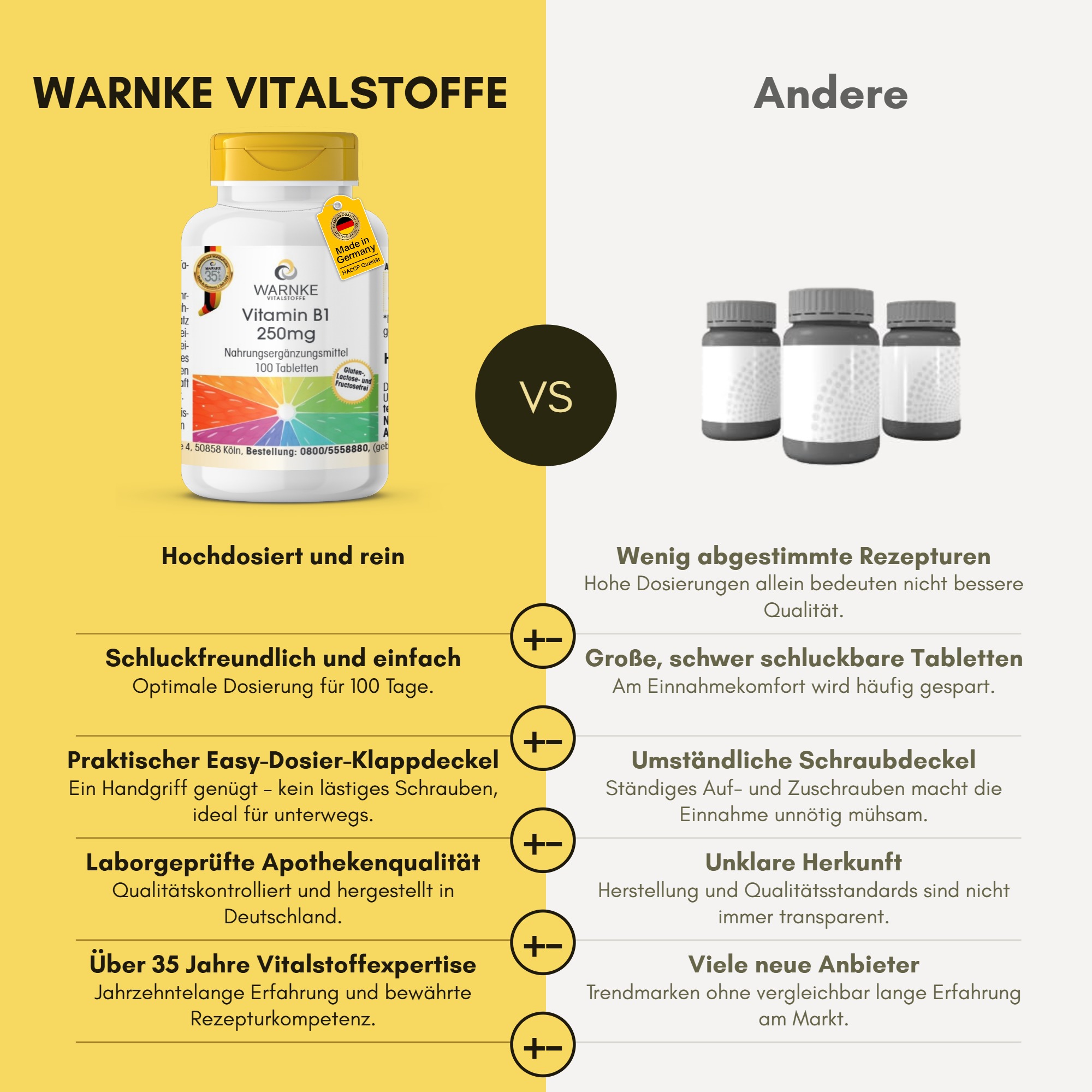 Vitamina B1 250mg - 100 compresse - per energia, cuore e molto altro - ad alto dosaggio & vegano | Warnke Vitalstoffe