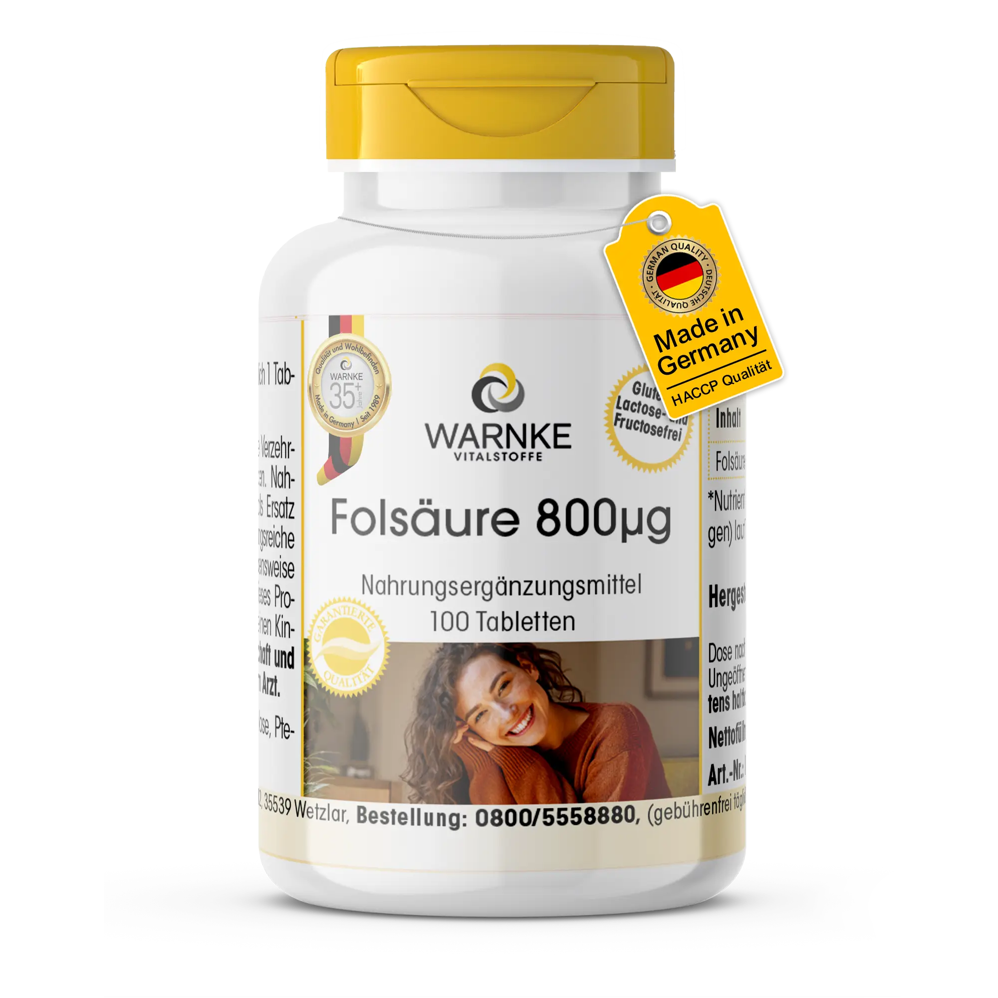 Folsäure 800µg - 100 Tabletten - Schluckfreundlich - Vitamin B9 - Für Schwangerschaft - Vegan - Vollständige Bedarfsabdeckung | Warnke Vitalstoffe