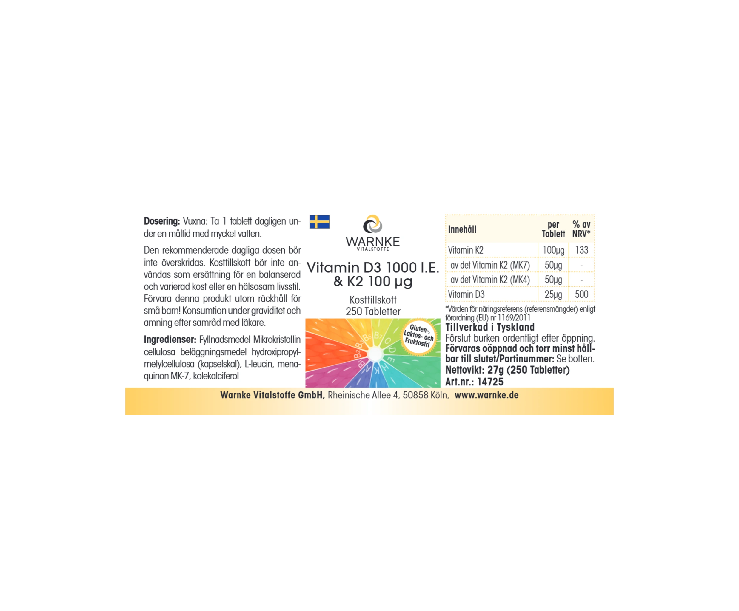 Vitamin D3 1.000 I.E. & K2 100μg - 250 Tabletten - für Knochen & Immunsystem - hochdosiert | Warnke Vitalstoffe