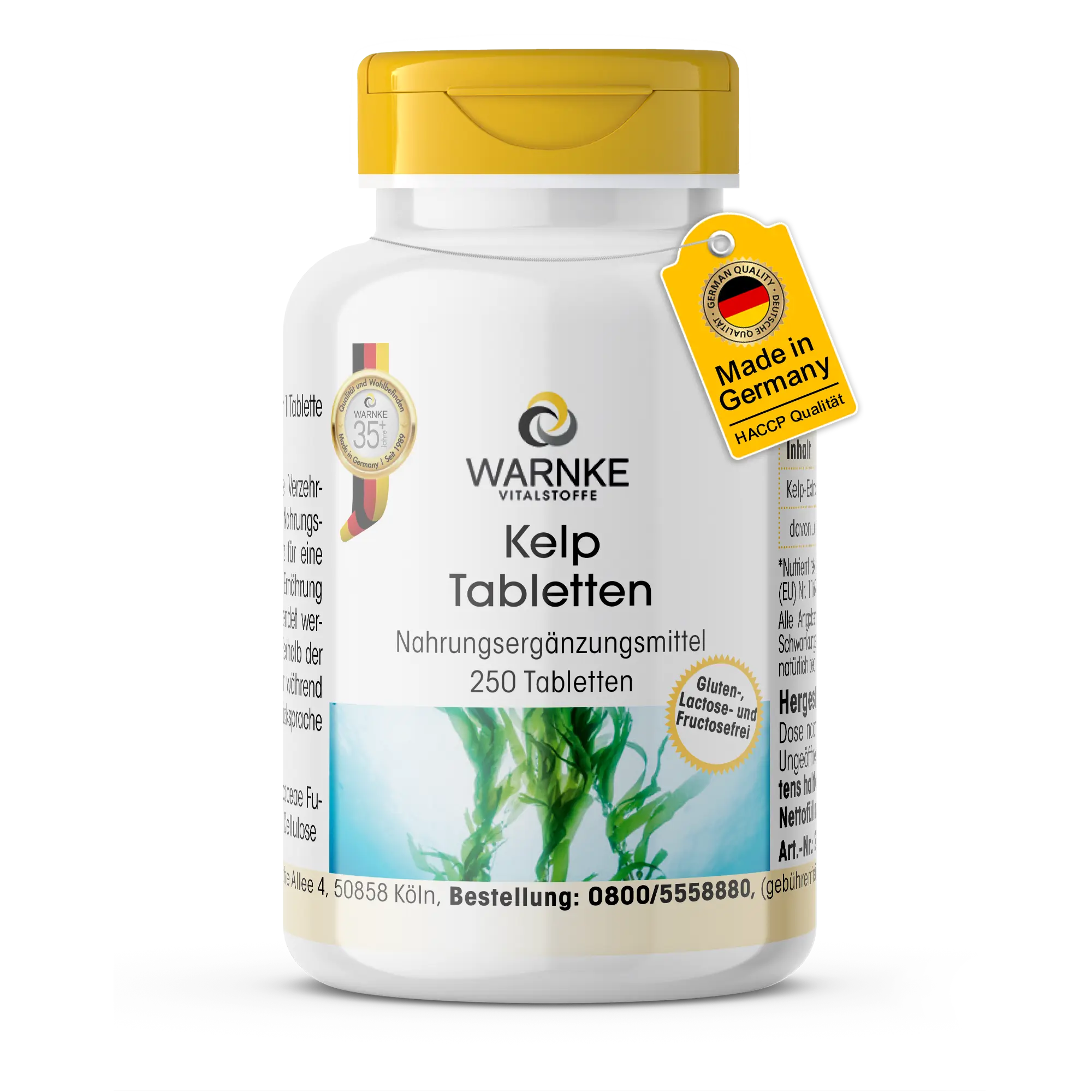 Kelp Tabletten - 250 Tabletten - mit 200μg Jod - für Schilddrüse, Energie, Haut uvm. - hochdosiert und vegan | Warnke Vitalstoffe