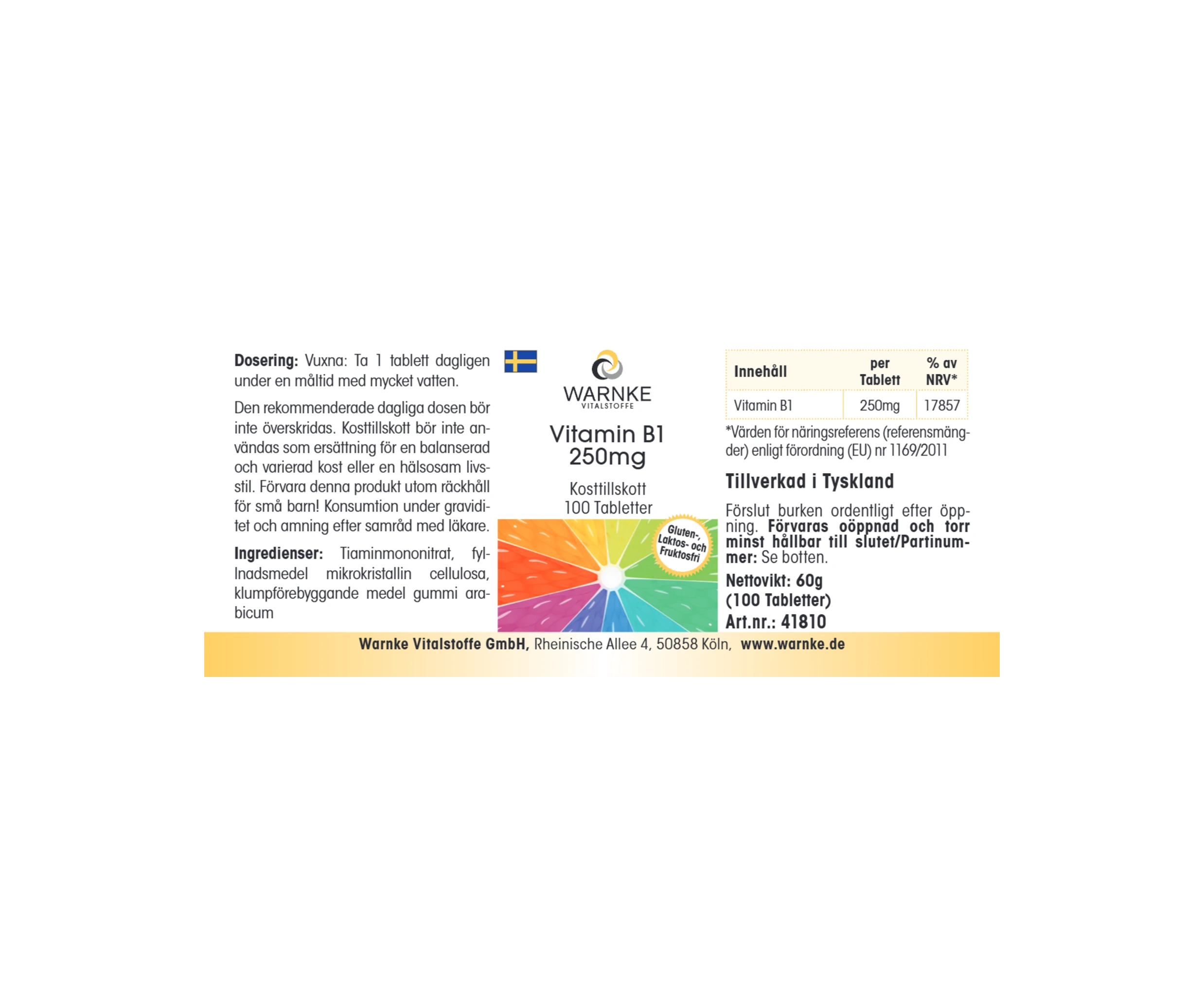Vitamina B1 250mg - 100 compresse - per energia, cuore e molto altro - ad alto dosaggio & vegano | Warnke Vitalstoffe