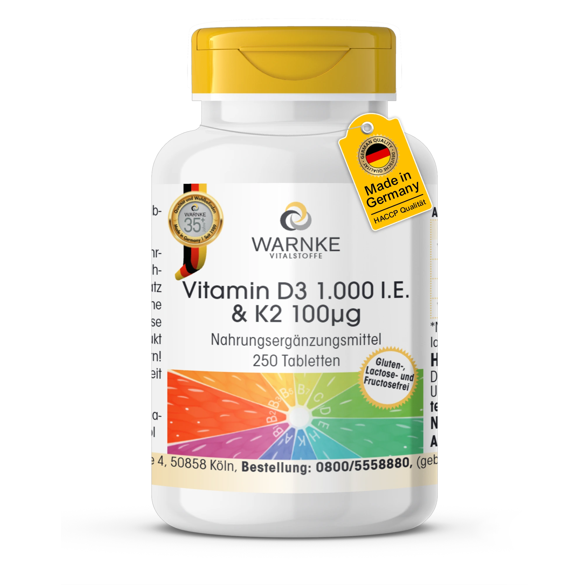 Vitamin D3 1.000 I.E. & K2 100μg - 250 Tabletten - für Knochen & Immunsystem - hochdosiert | Warnke Vitalstoffe