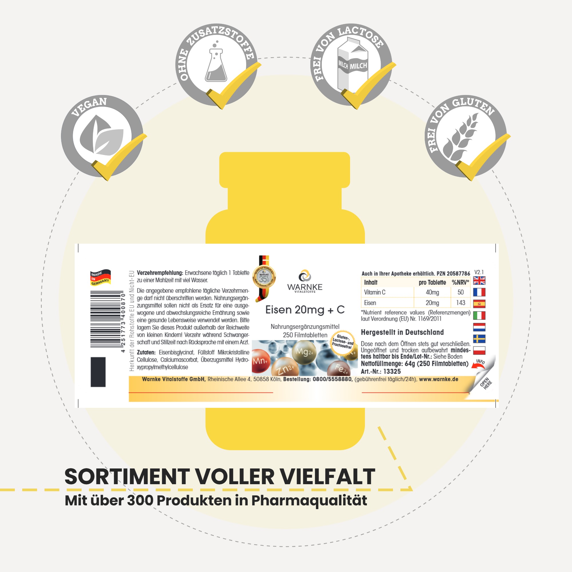 Iron 20mg + C - 250 Film-Coated Tablets - Easy to Swallow - Vegan | Warnke Vitalstoffe