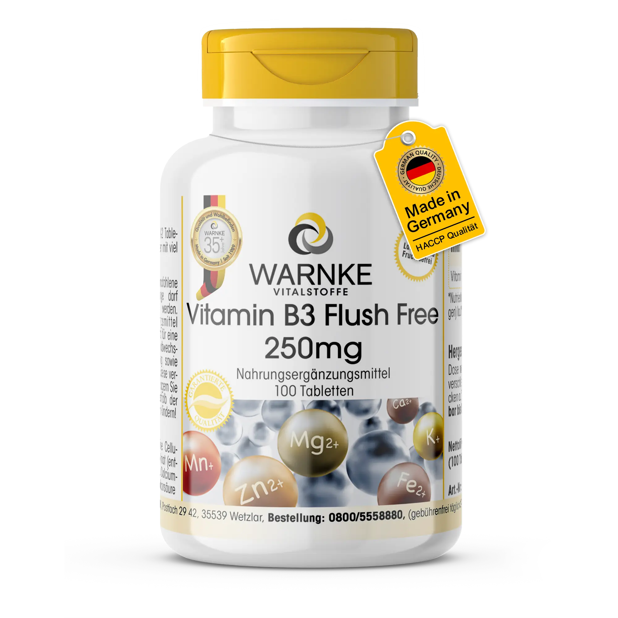 Vitamin B3 250 mg Flush Free - 100 Tabletten - für Haut, Nervensystem uvm. - Vegan | Warnke Vitalstoffe