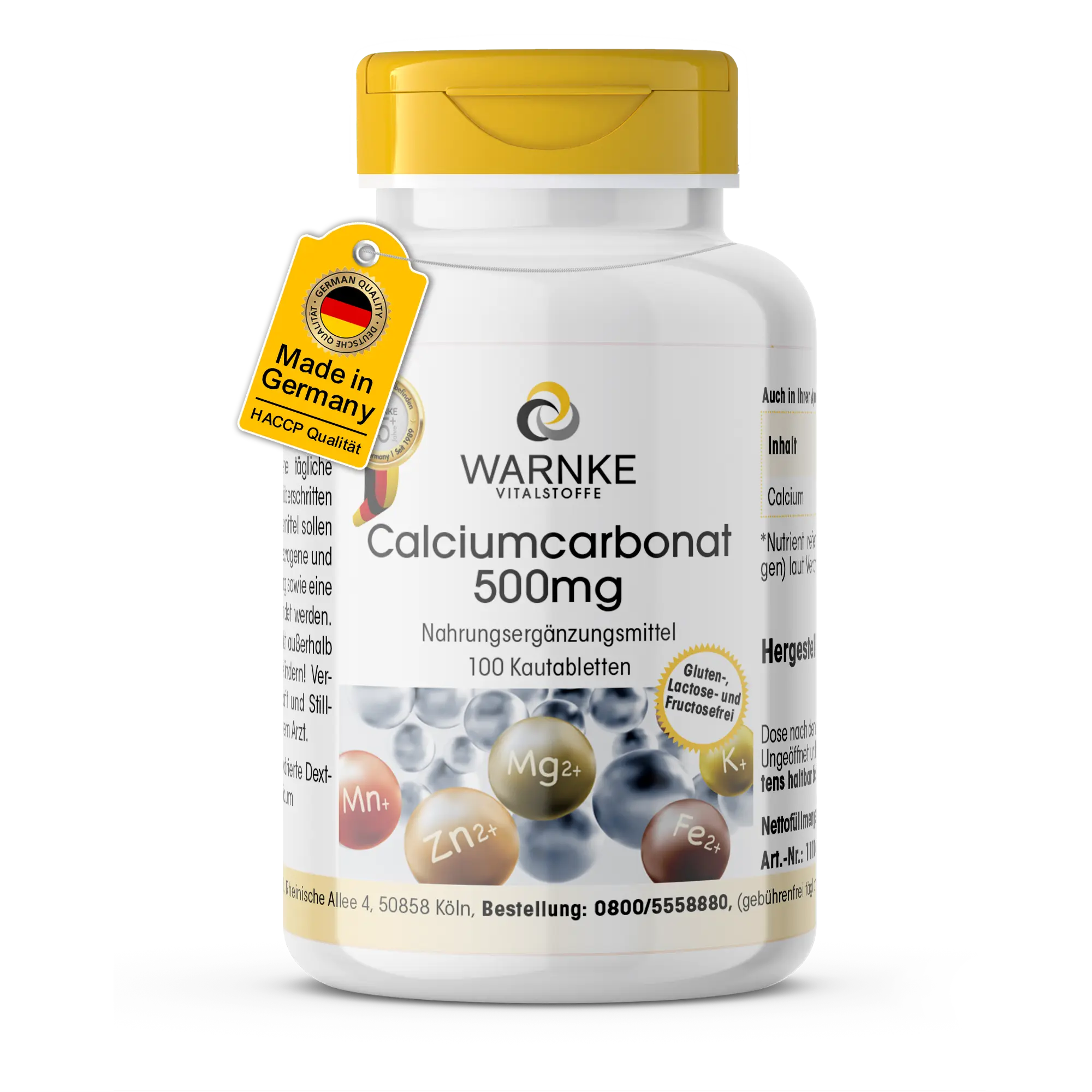 Calciumcarbonat 500mg - 100 Kautabletten - Für Knochen, Muskeln, Zähne uvm. | Warnke Vitalstoffe