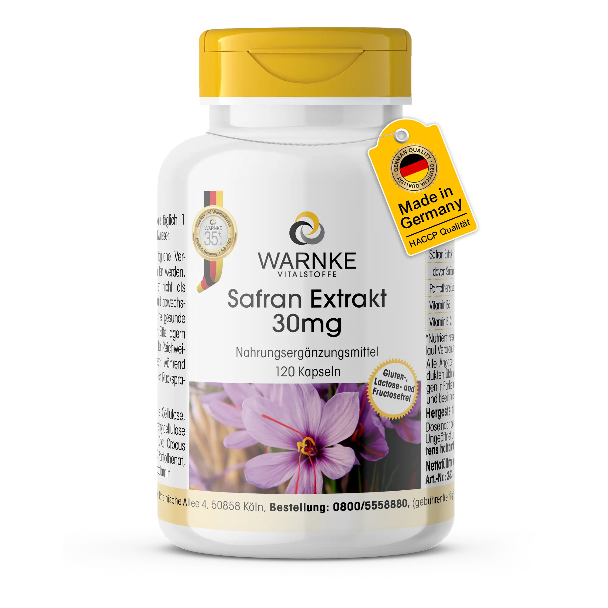 Safran Extrakt 30mg - 120 Kapseln - mit Pantothensäure, Vitamin B6 & B12 - für Psyche, Nervensystem, Energie uvm. - vegan | Warnke Vitalstoffe