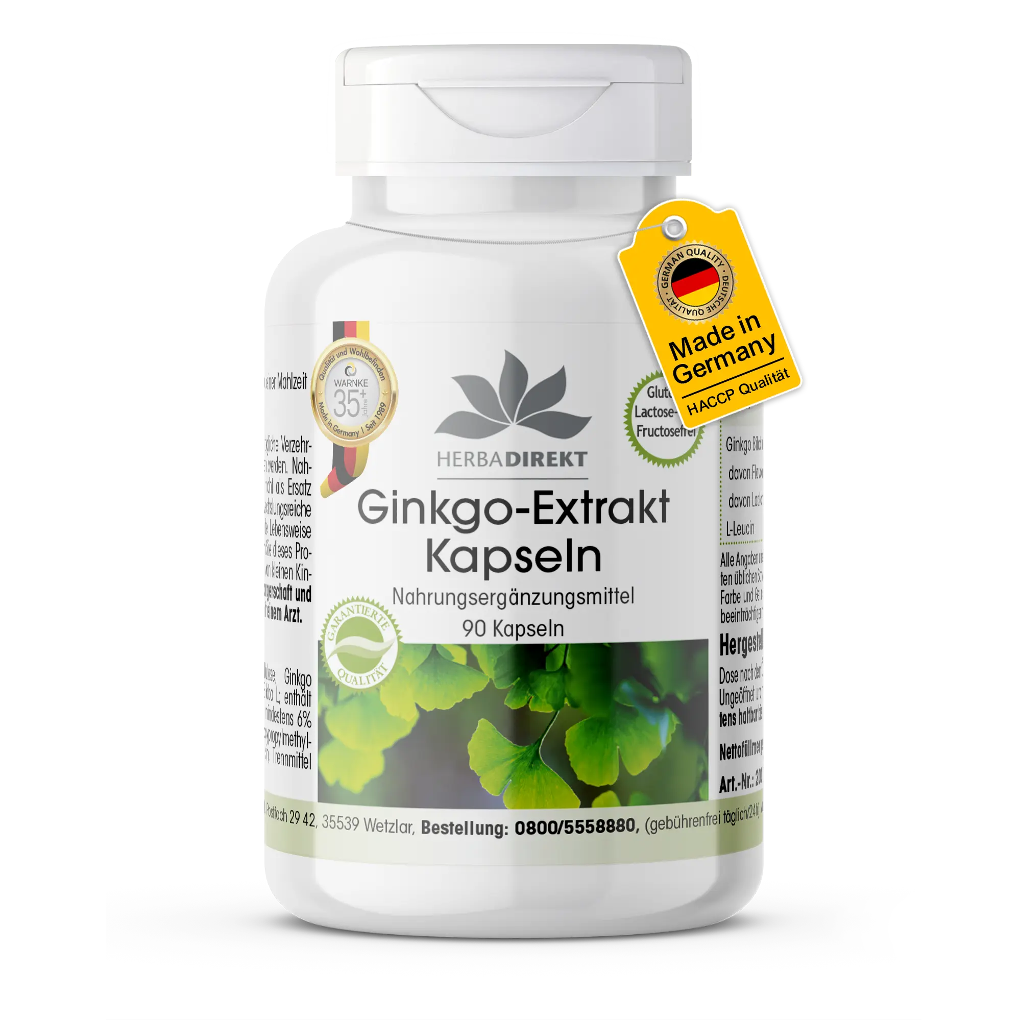 Ginkgo Biloba Extrakt 95mg - 90 Kapseln - Schluckfreundlich - Mit Flavonen und Lactonen - Vegan | Warnke Vitalstoffe