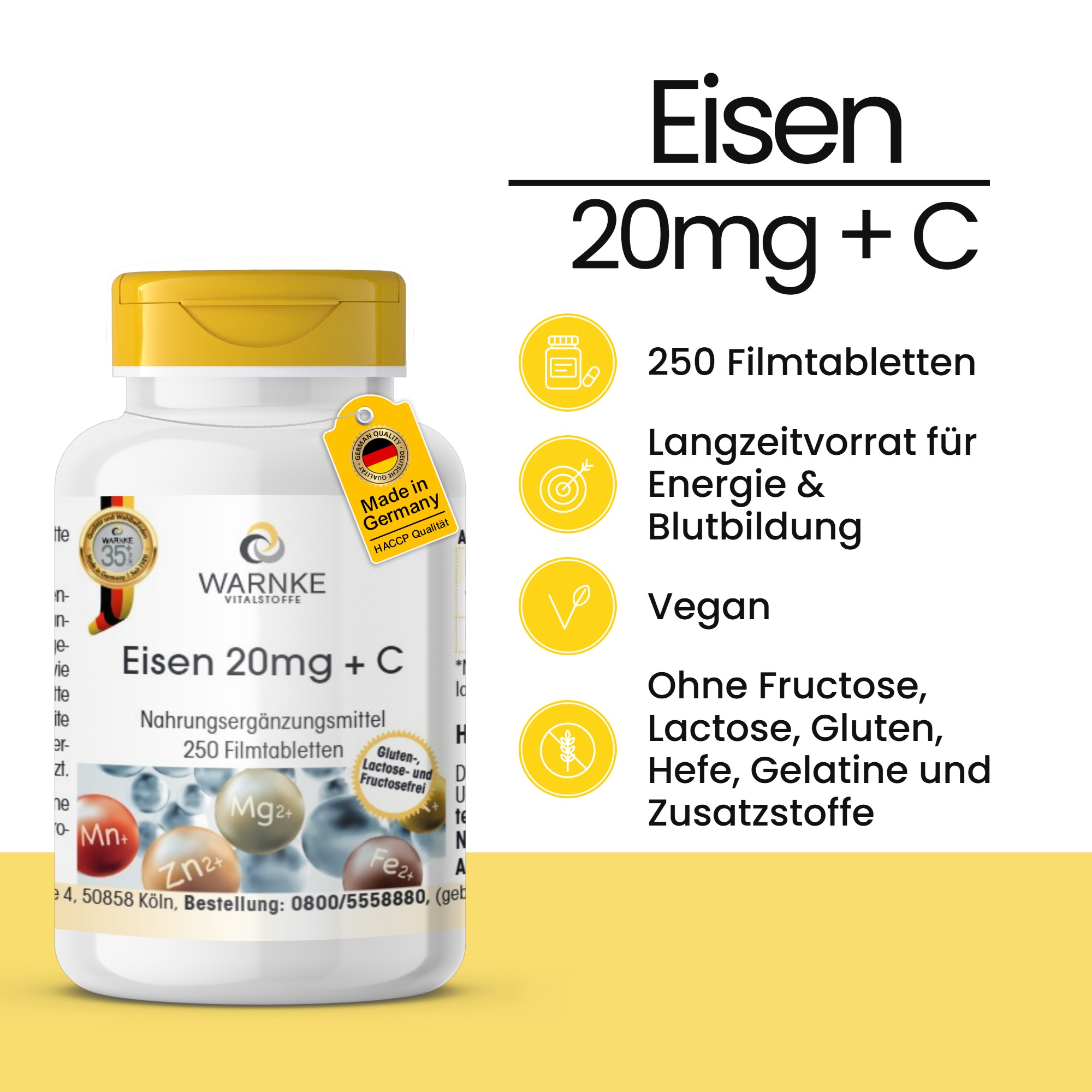 Iron 20mg + C - 250 Film-Coated Tablets - Easy to Swallow - Vegan | Warnke Vitalstoffe