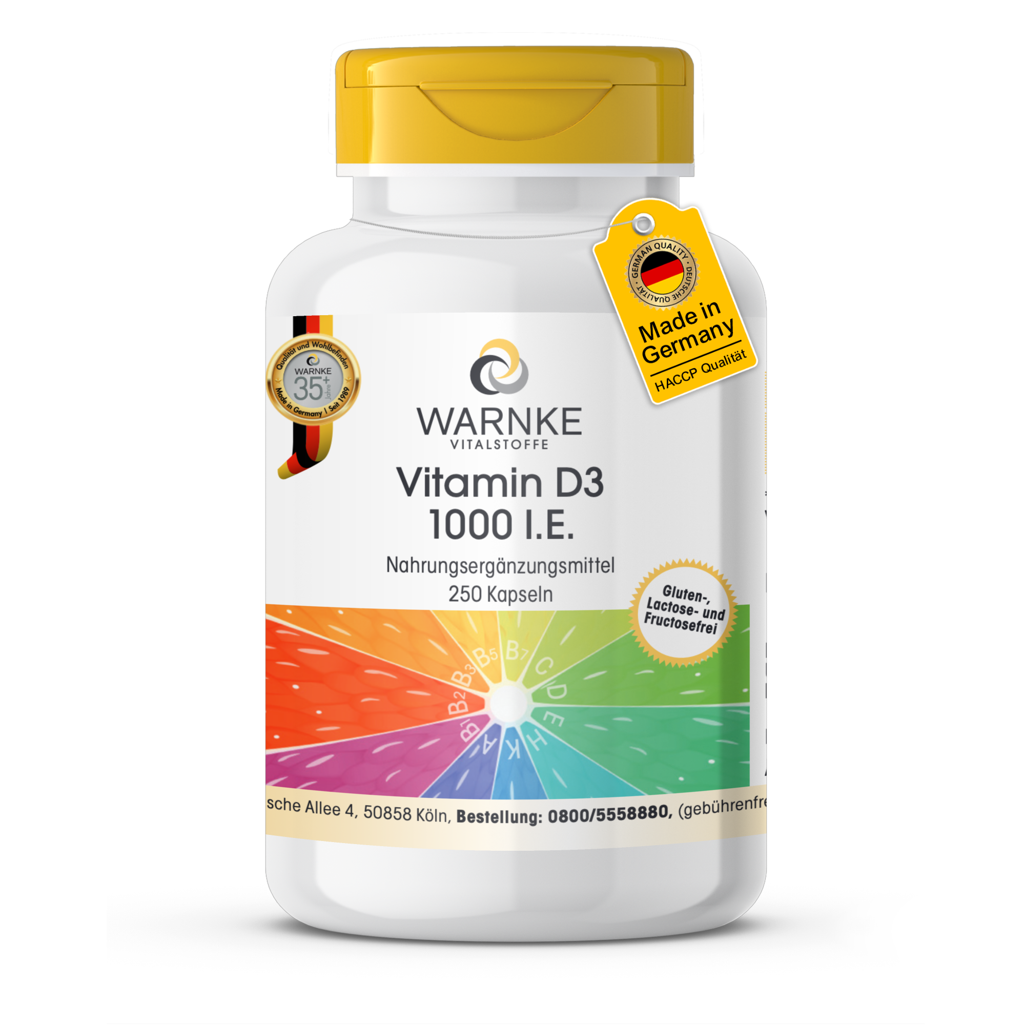 Vitamine D3 1.000 I.E. - 250 capsules - voor botten, spieren, immuunsysteem en meer - Hooggedoseerd | Warnke Vitalstoffe