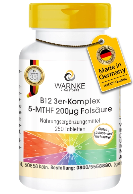 B12 3er-Komplex 5-MTHF 200µg Folsäure - 250 Tabletten - für Energie, Nerven uvm. - vollständige Bedarfsabdeckung - vegan | Warnke Vitalstoffe