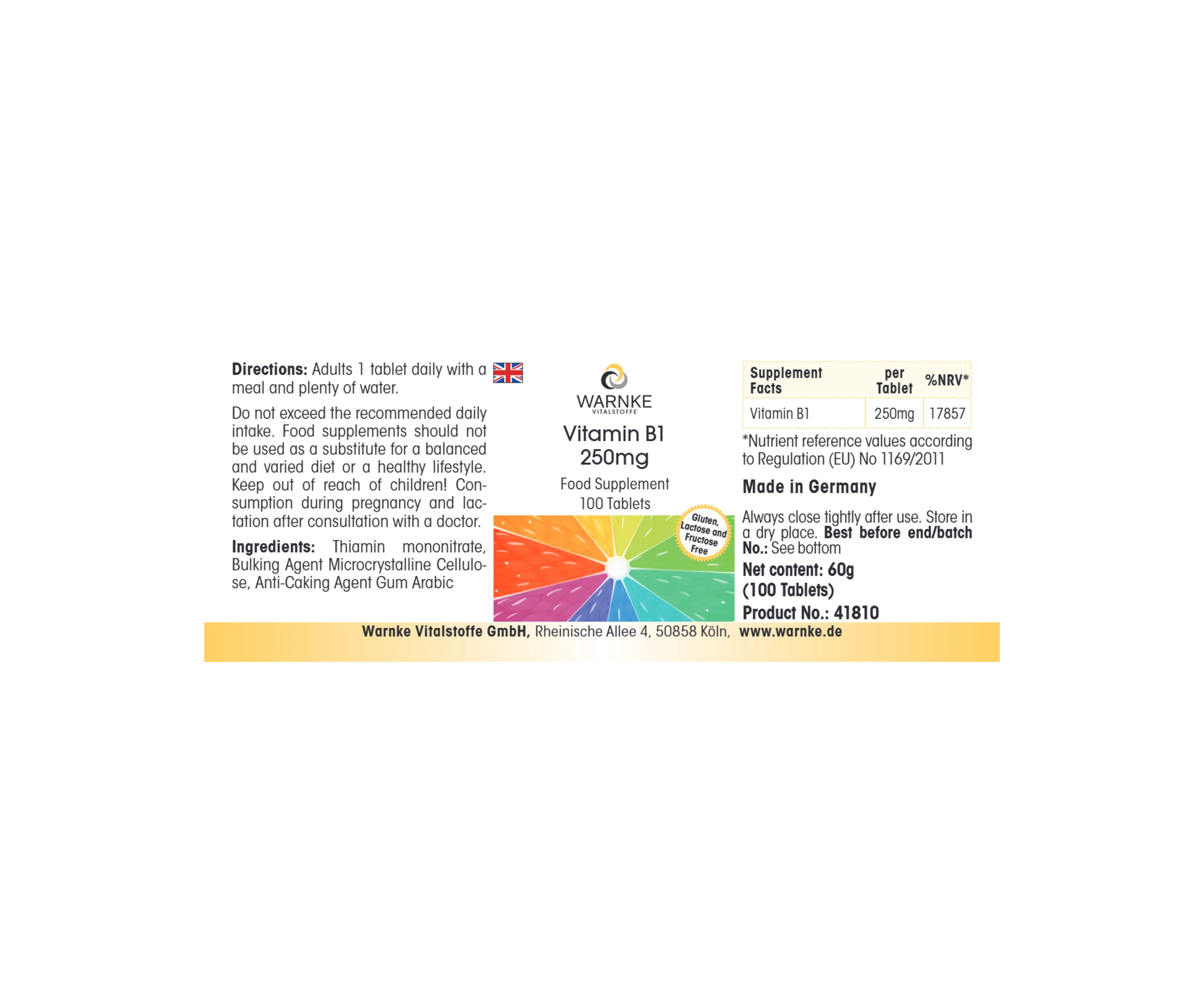 Vitamina B1 250mg - 100 compresse - per energia, cuore e molto altro - ad alto dosaggio & vegano | Warnke Vitalstoffe