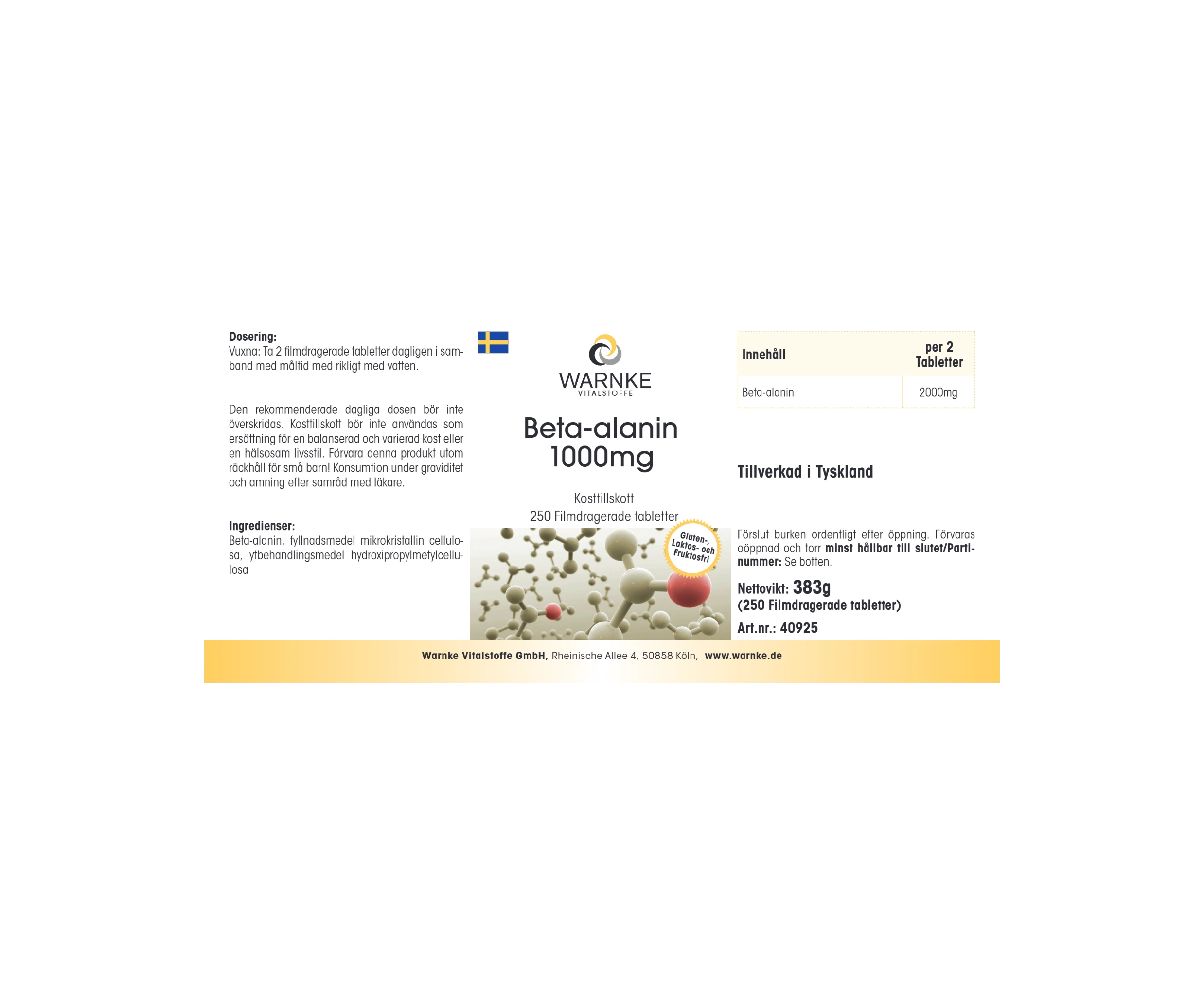 Beta-Alanin 1000mg - 250 Filmtabletten - vegan | Warnke Vitalstoffe