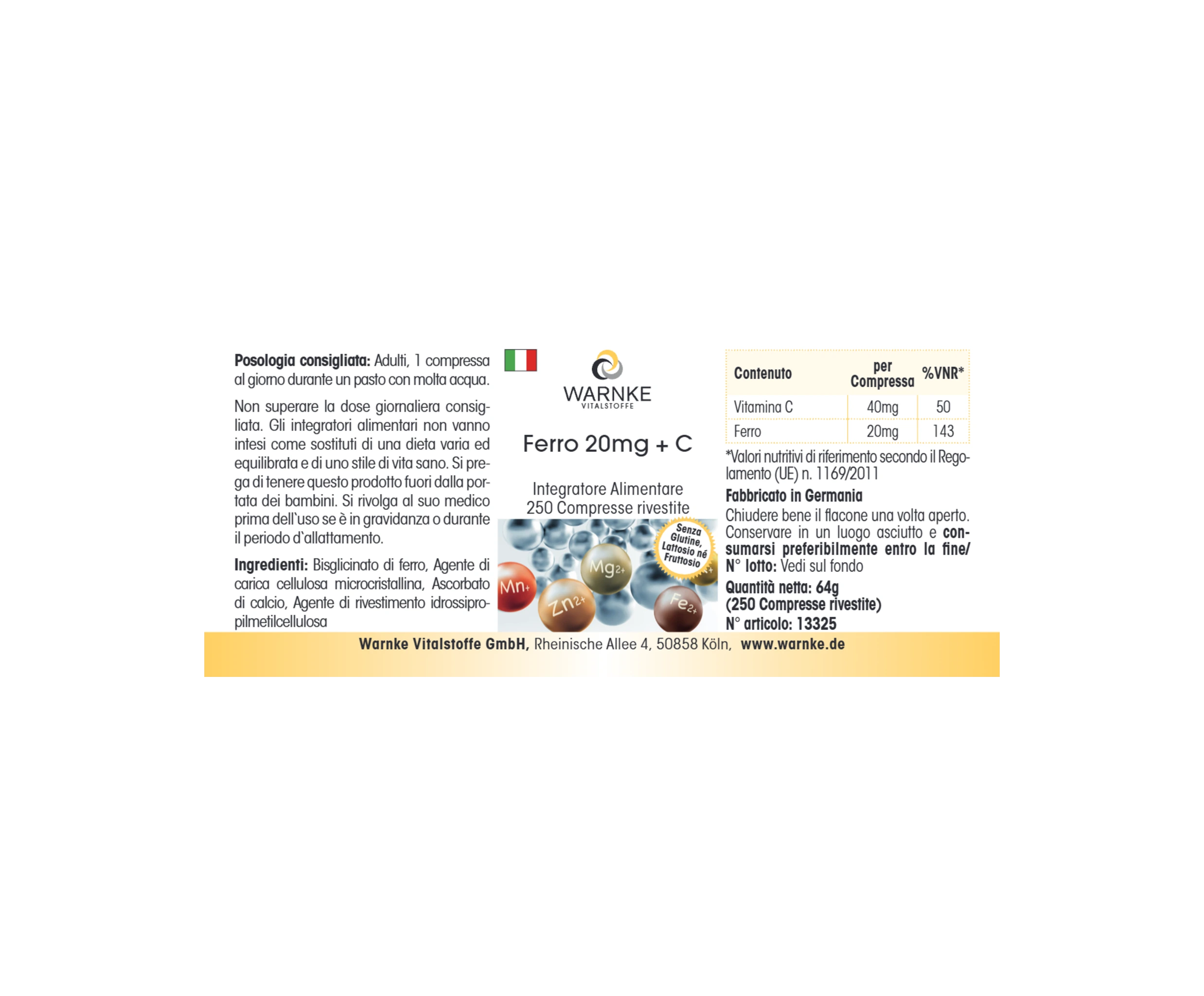 Iron 20mg + C - 250 Film-Coated Tablets - Easy to Swallow - Vegan | Warnke Vitalstoffe