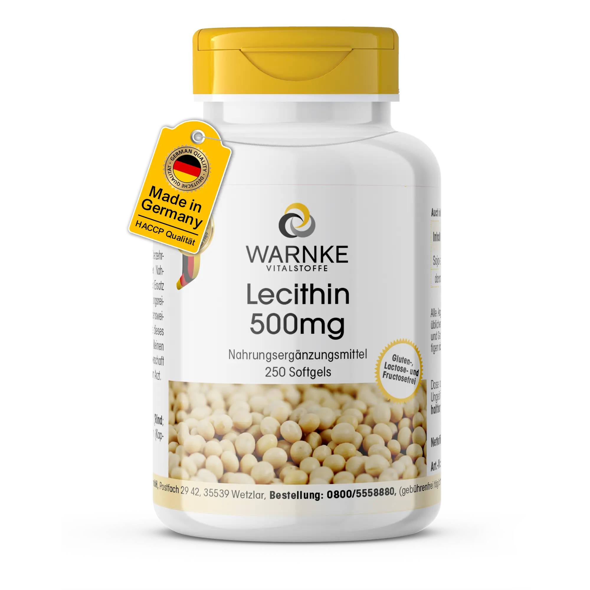 Lecithin 500mg - 250 Softgels - Schluckfreundlich - Aus Soja - GMO-Frei - Hochdosiert | Warnke Vitalstoffe