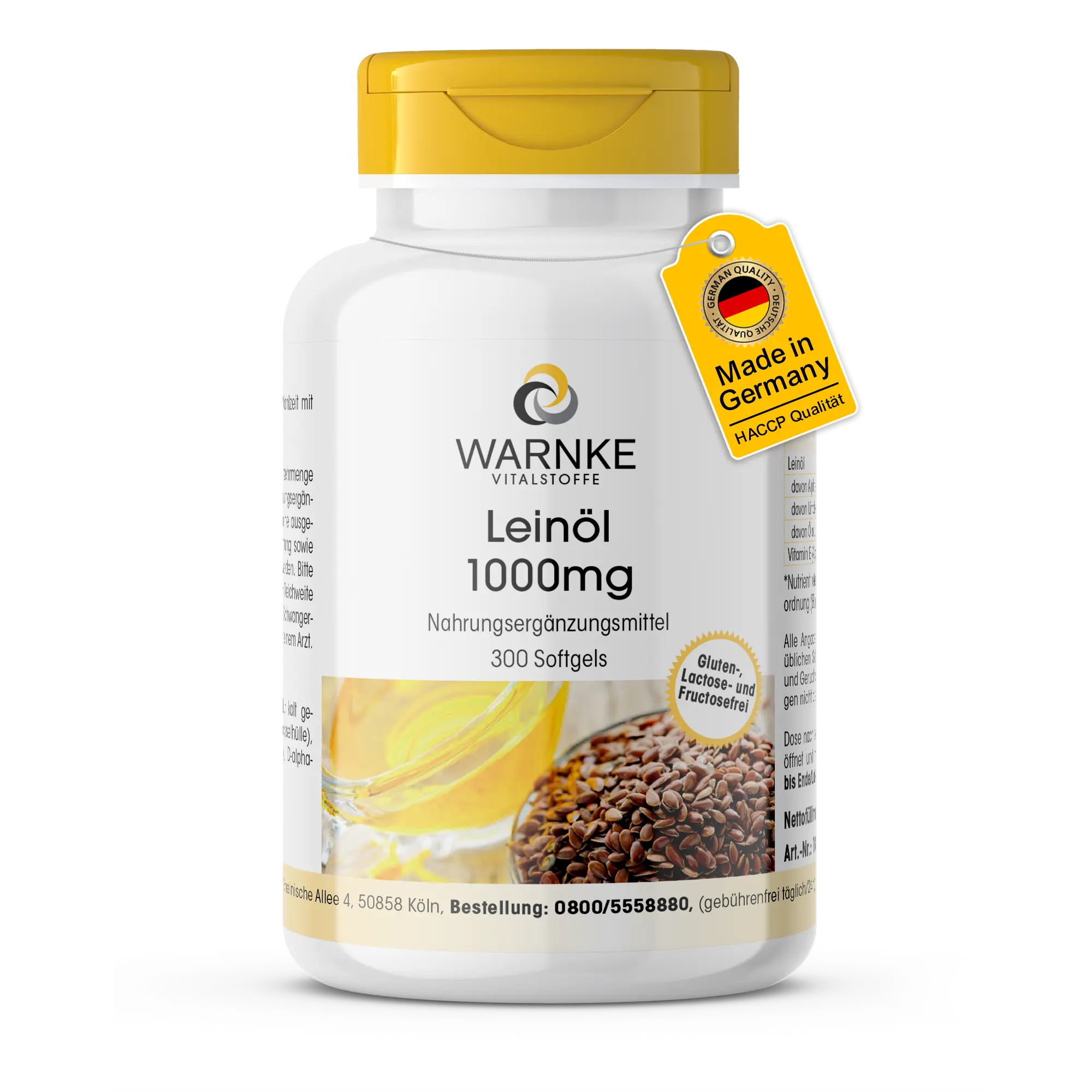 Flaxseed Oil 1000 mg - 300 softgels - with Omega 3-6-9 & Vitamin E - for cell protection | Warnke Vitalstoffe