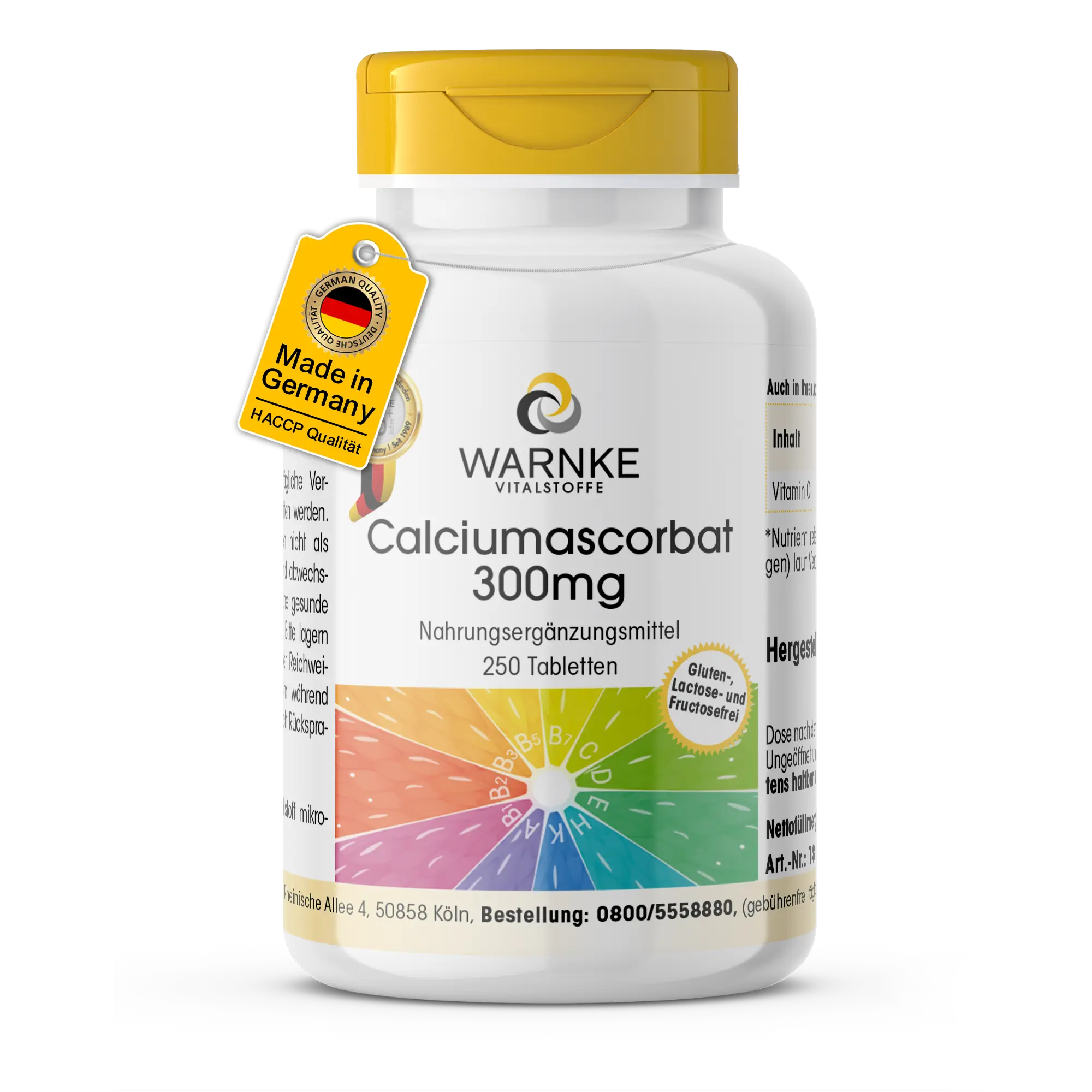 Calciumascorbat 300mg - 250 Tabletten - Schluckfreundlich - Für Knochen, Muskeln, Zähne uvm. | Warnke Vitalstoffe