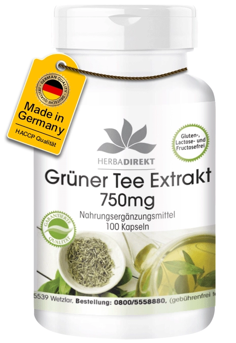 Grüner Tee Extrakt 750mg - 100 Kapseln - Polyphenole - Catechine - EGCG - Koffein - Hochdosiert & Vegan | Warnke Vitalstoffe