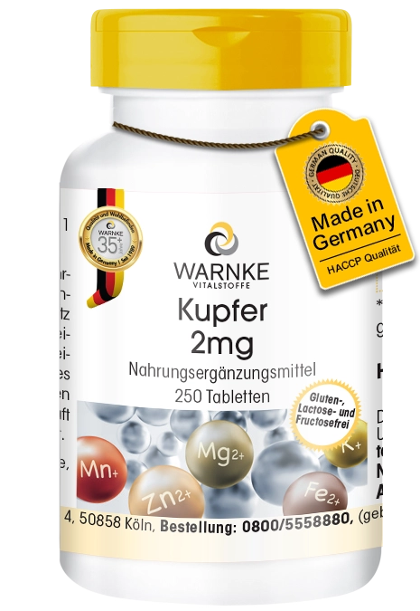 Kupfer 2mg - 250 Tabletten - für Immunsystem, Haar-/ Hautpigmentierung, Zellschutz uvm. - Vegan | Warnke Vitalstoffe
